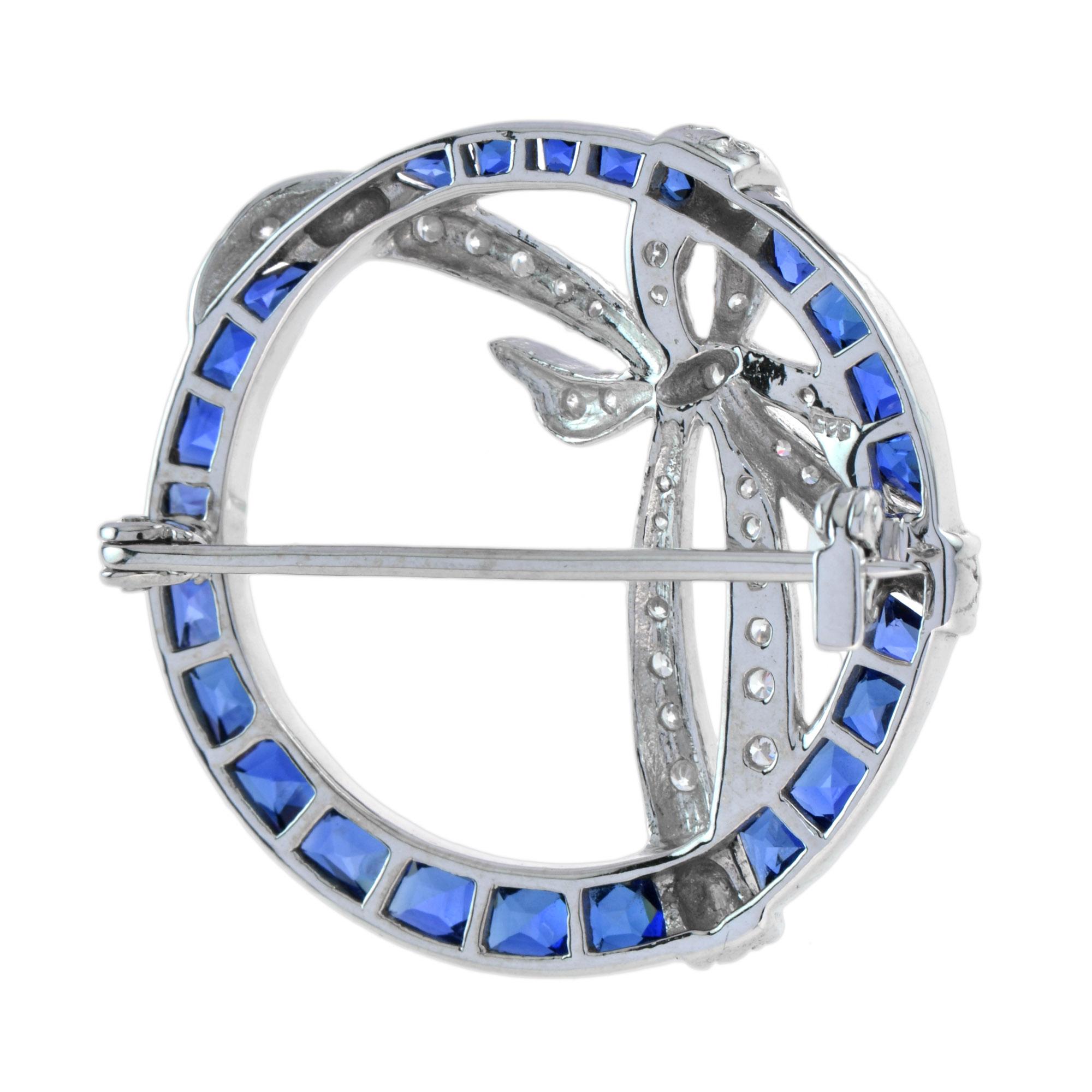 French Cut Art Deco Style Circle with Ribbon Sapphire and Diamond Brooch in 14K White Gold For Sale