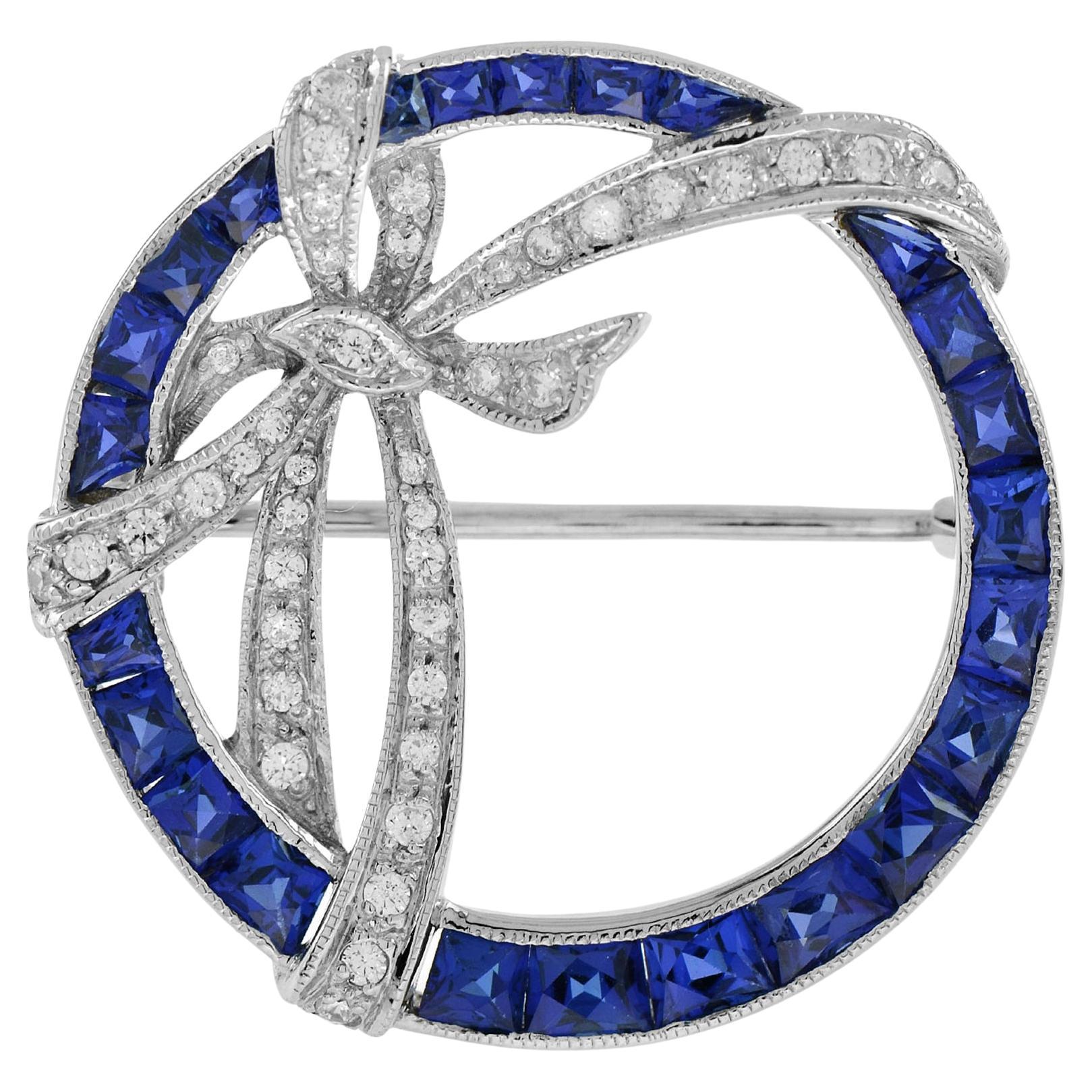 Art Deco Style Circle with Ribbon Sapphire and Diamond Brooch in 14K White Gold