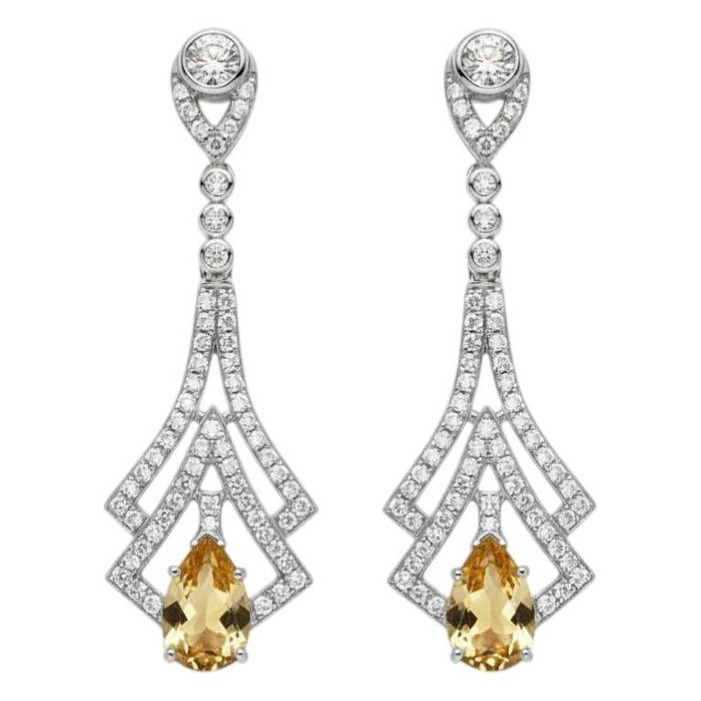 Art Deco Style Citrine and Colorless Topaz Drop Earrings in 14k gold