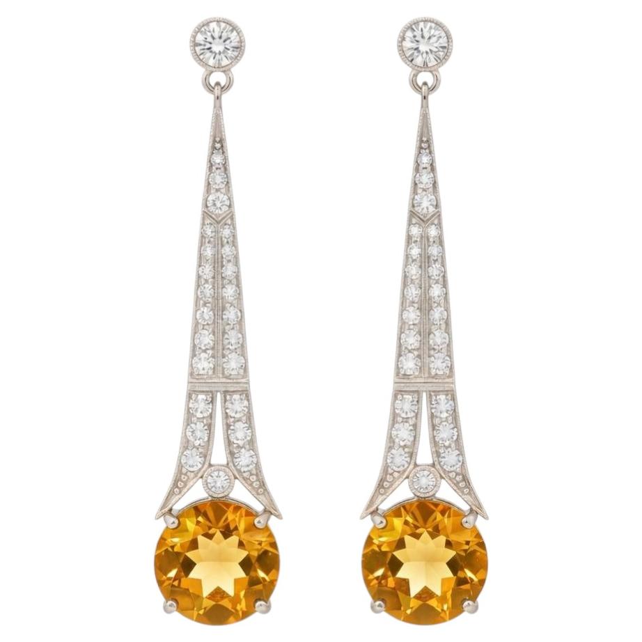 Art Deco Style Citrine and Colorless Topaz Drop Earrings silver, gold