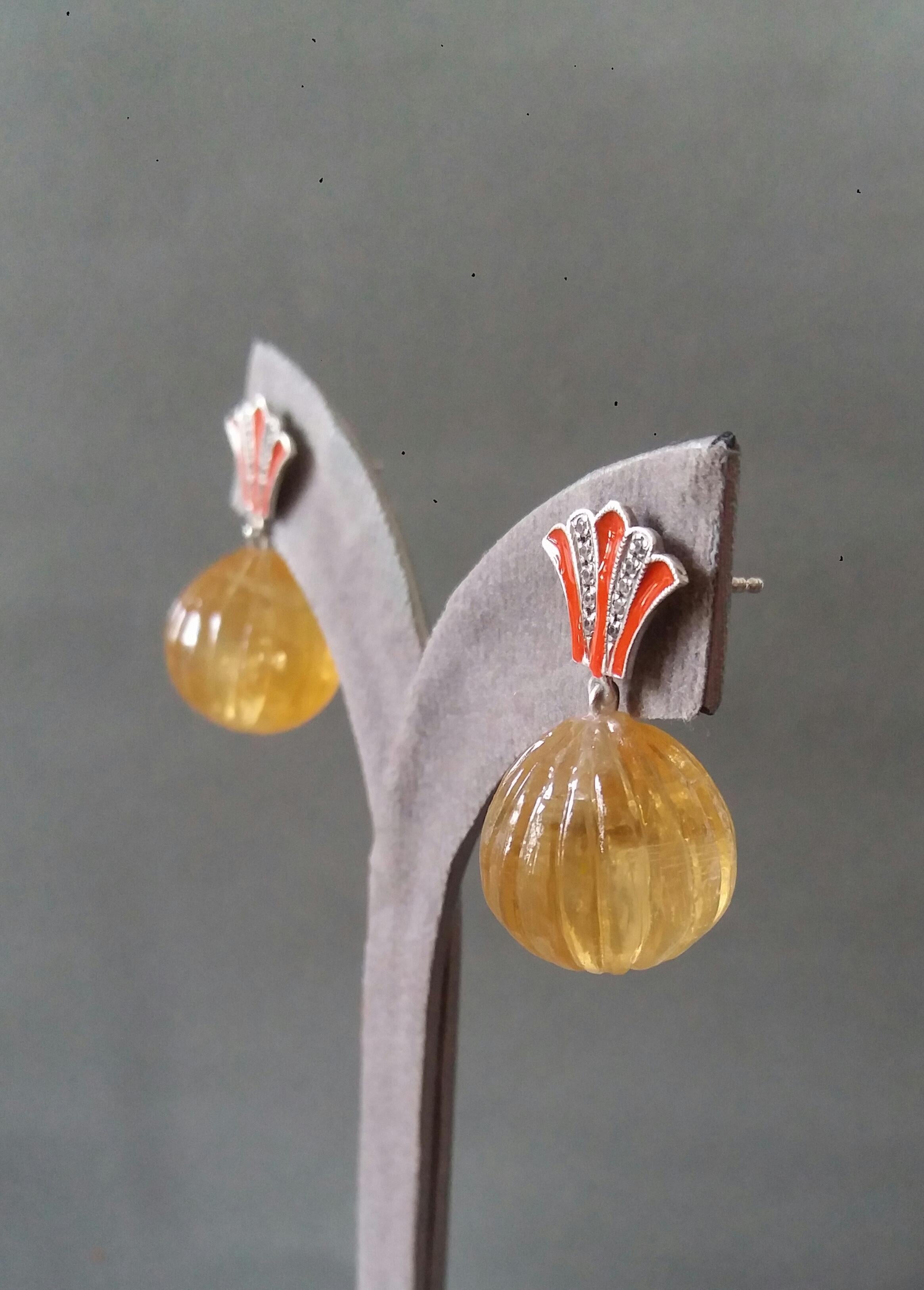 Art Deco Style Citrine Carved Drops Gold Diamonds Orange Enamel Dangle Earrings For Sale 5