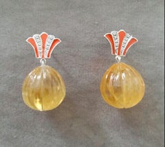 Art Deco Stil Citrin geschnitzt Tropfen Gold Diamanten Orange Emaille Ohrringe