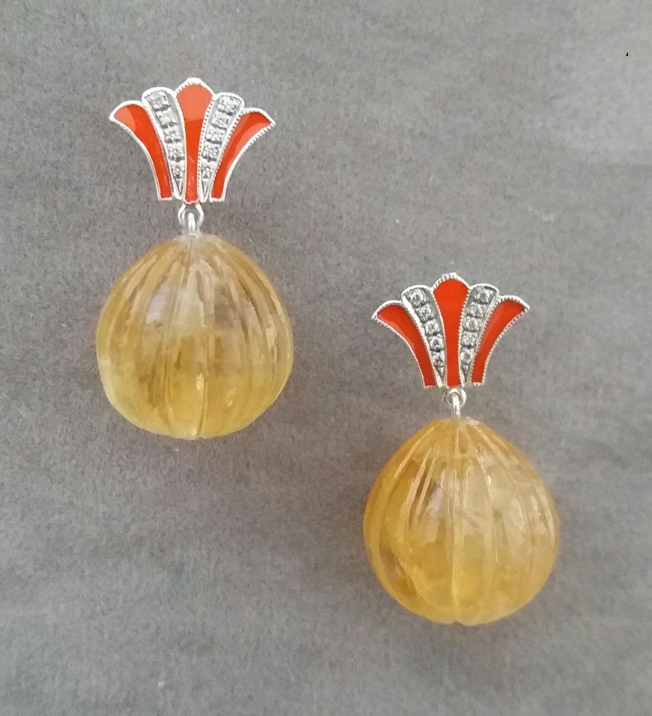 Mixed Cut Art Deco Style Citrine Carved Drops Gold Diamonds Orange Enamel Dangle Earrings For Sale