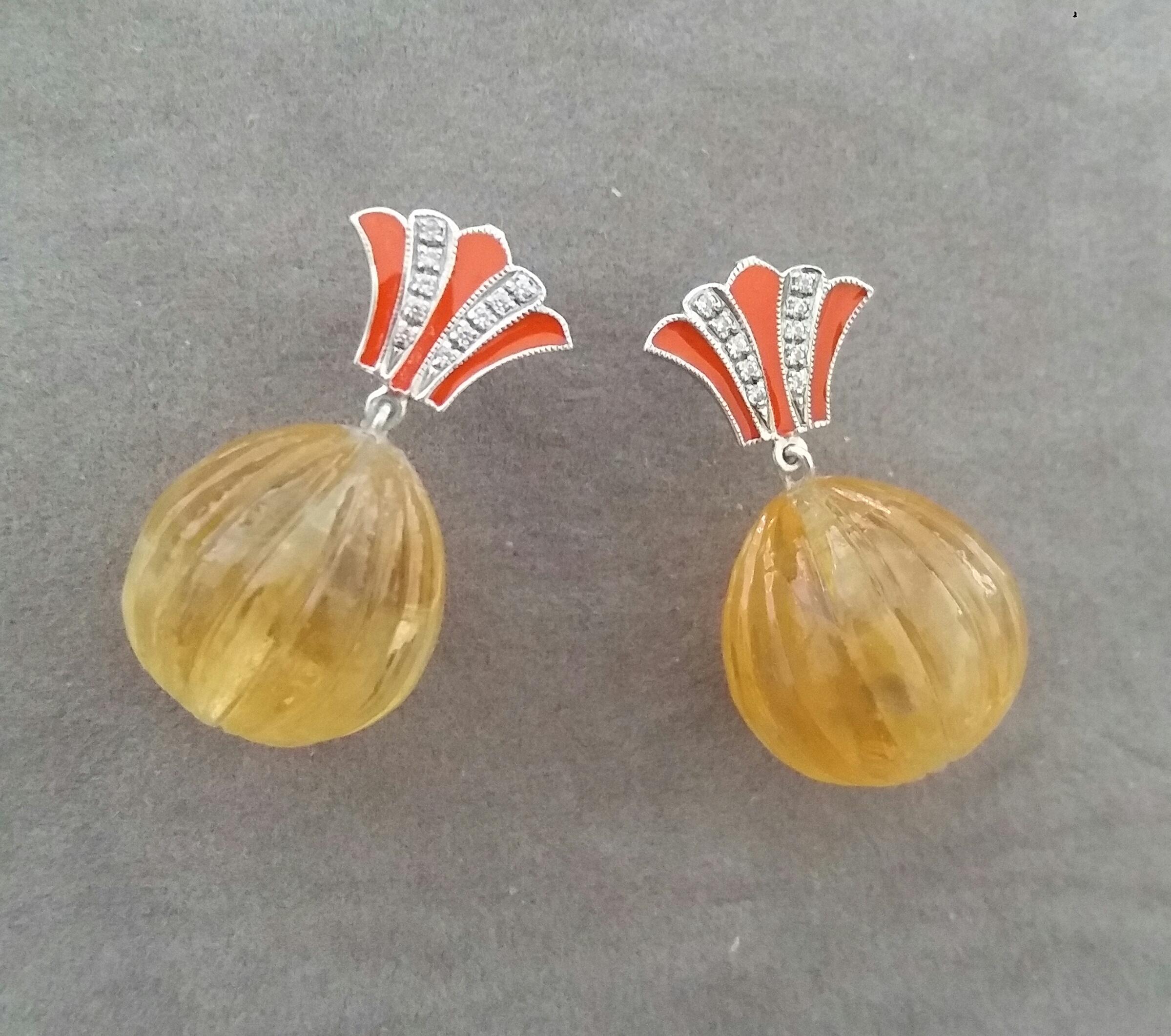 Art Deco Style Citrine Carved Drops Gold Diamonds Orange Enamel Dangle Earrings In Good Condition For Sale In Bangkok, TH