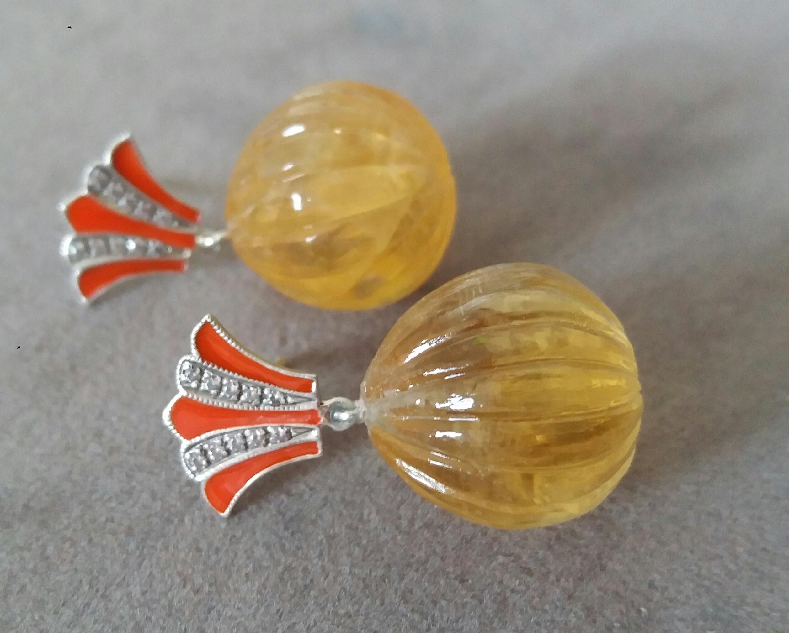 Women's Art Deco Style Citrine Carved Drops Gold Diamonds Orange Enamel Dangle Earrings For Sale