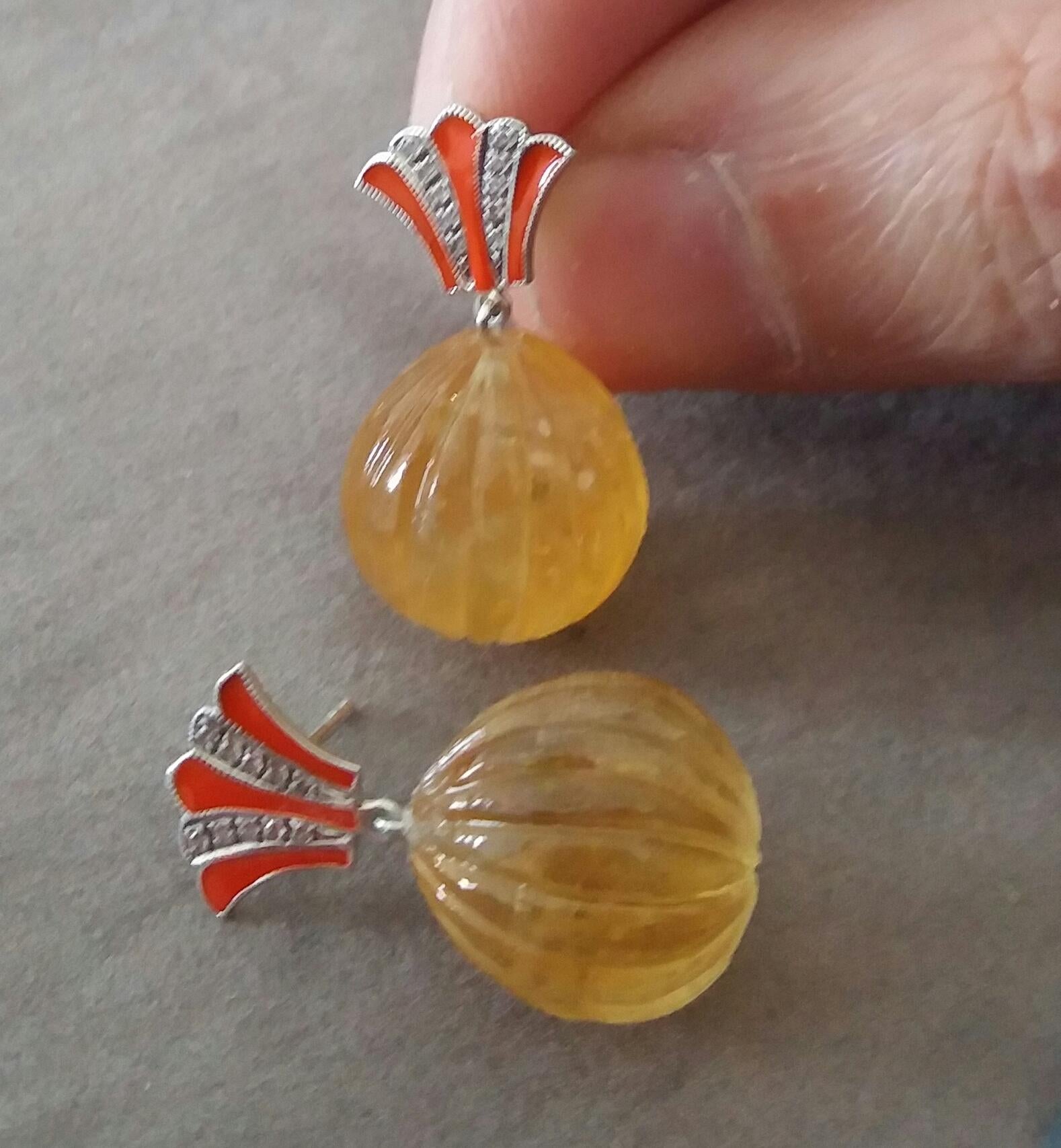 Art Deco Style Citrine Carved Drops Gold Diamonds Orange Enamel Dangle Earrings For Sale 1