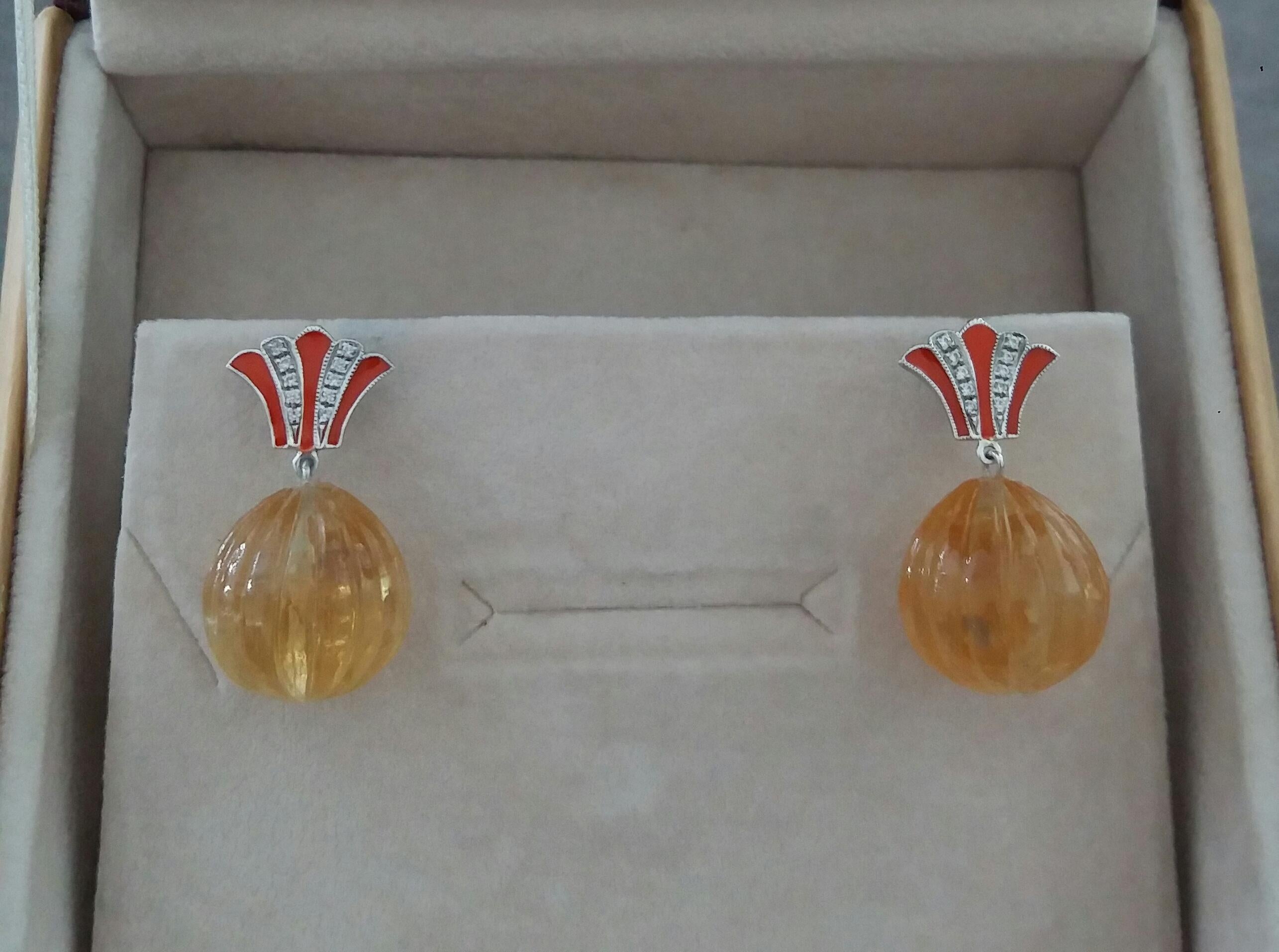 Art Deco Style Citrine Carved Drops Gold Diamonds Orange Enamel Dangle Earrings For Sale 2
