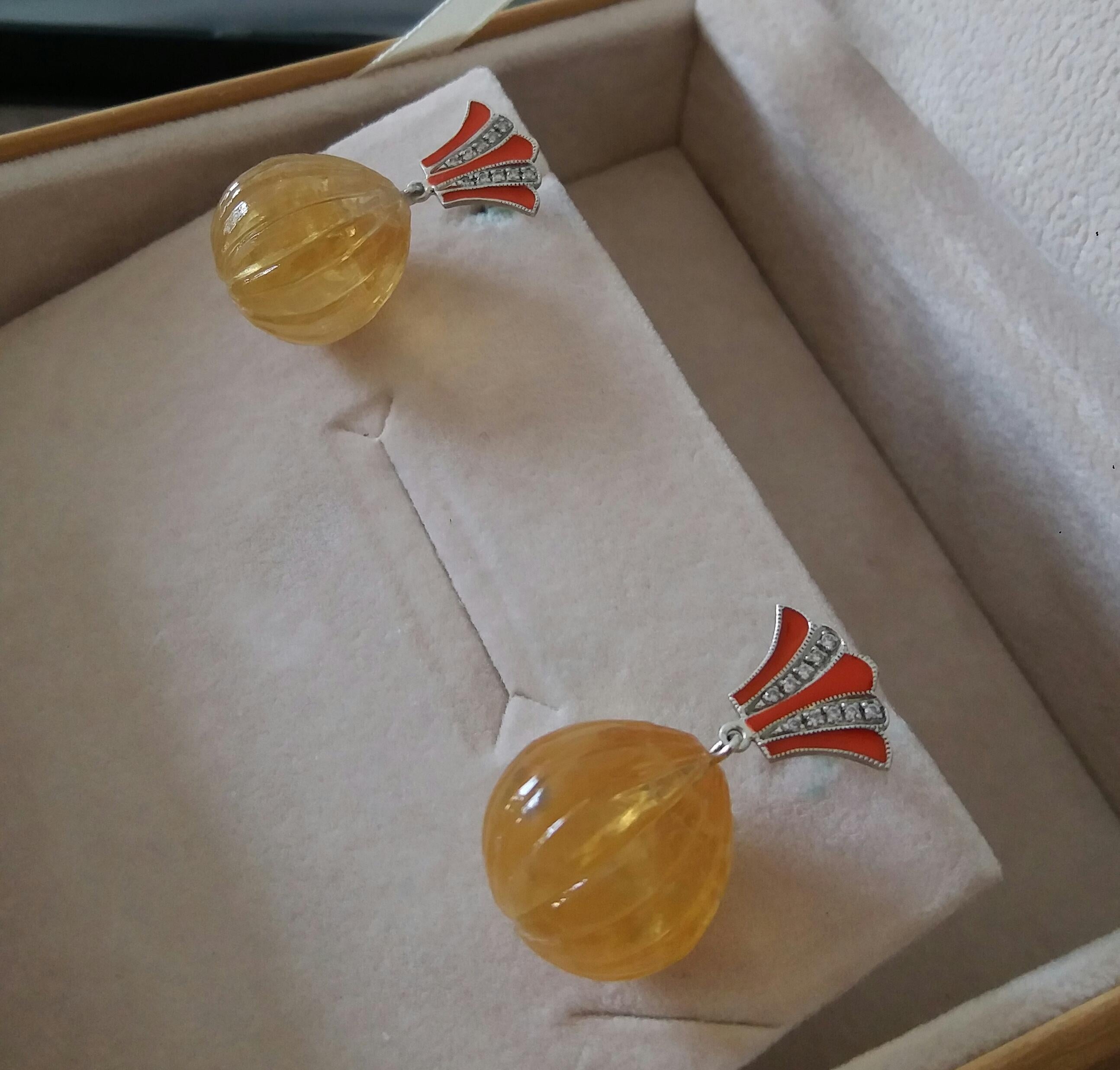 Art Deco Style Citrine Carved Drops Gold Diamonds Orange Enamel Dangle Earrings For Sale 3