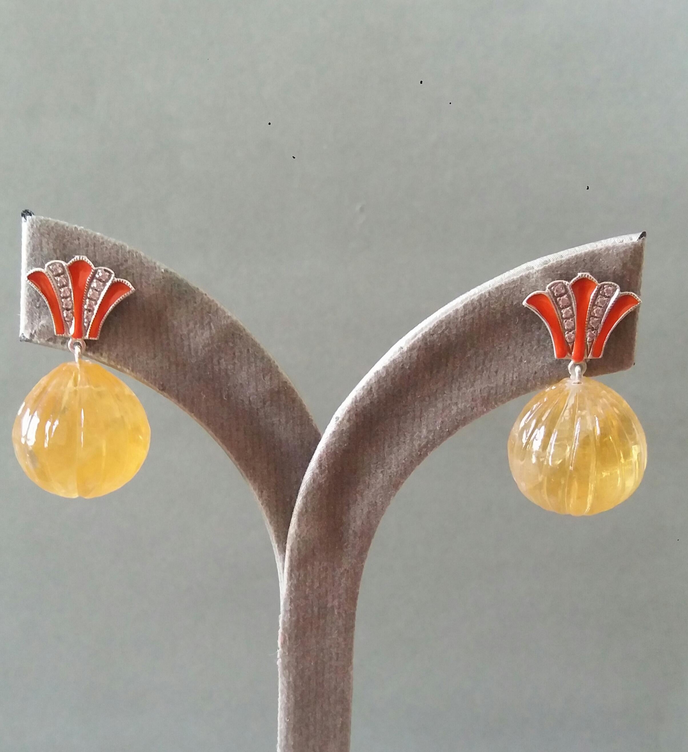 Art Deco Style Citrine Carved Drops Gold Diamonds Orange Enamel Dangle Earrings For Sale 4