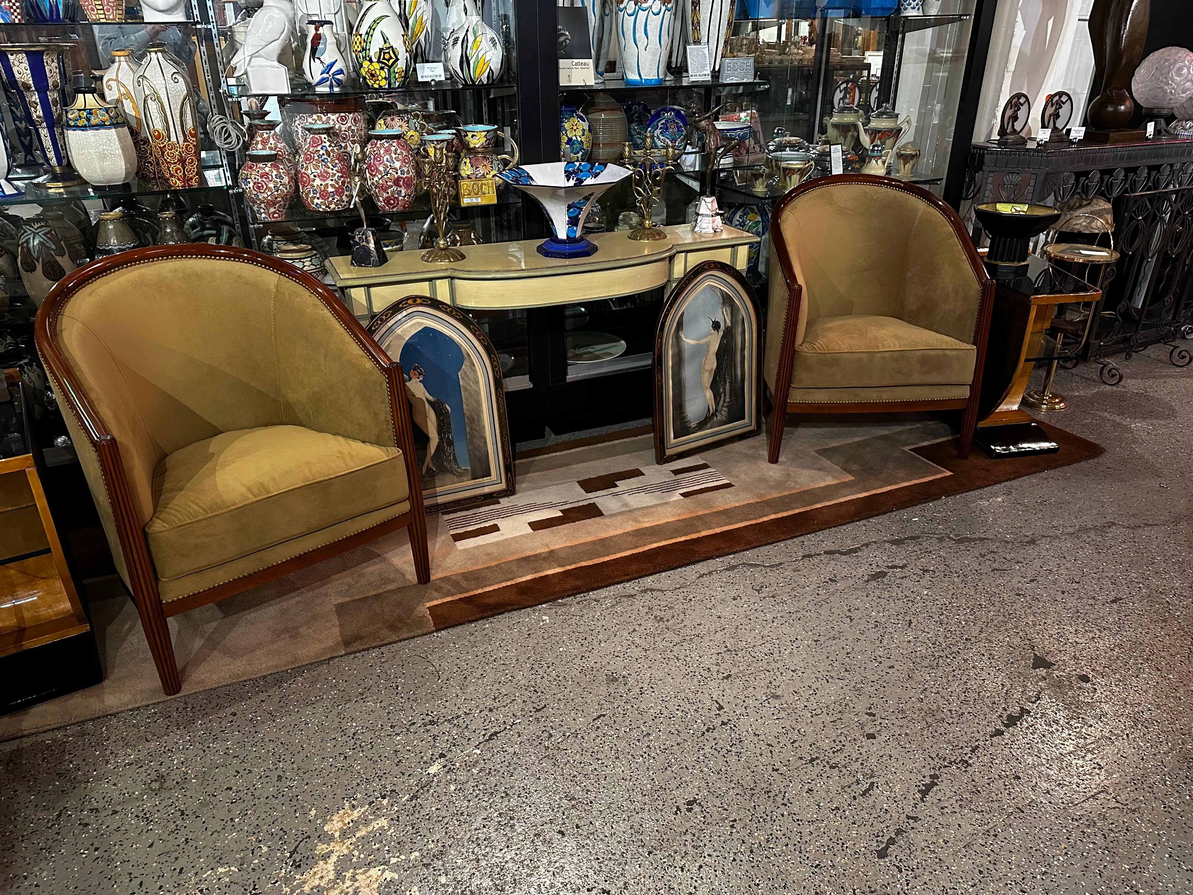 Art Deco Style Club or Tub Chairs.  These newly custom-made chairs are one of a kind made exclusively for us. The style is reminiscent of French circa 1925, the solid wood frames are hand made emphasizing the precisely carved arms fashioned after