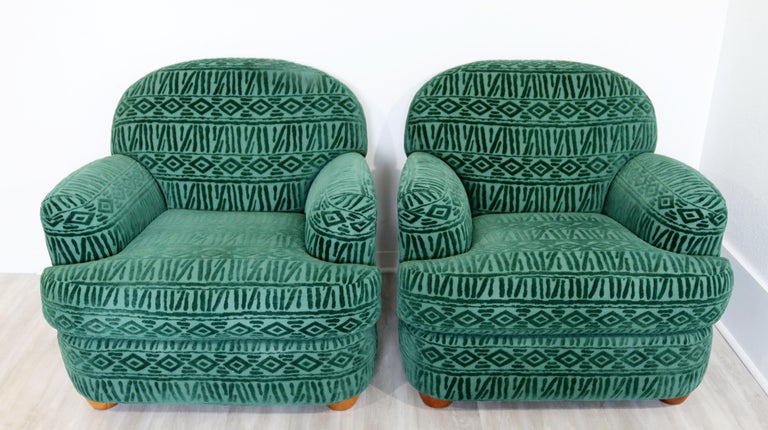 Late 20th Century Art Deco Style Clyde Pearson Pair Velvet Larsen Style Club Lounge Chairs