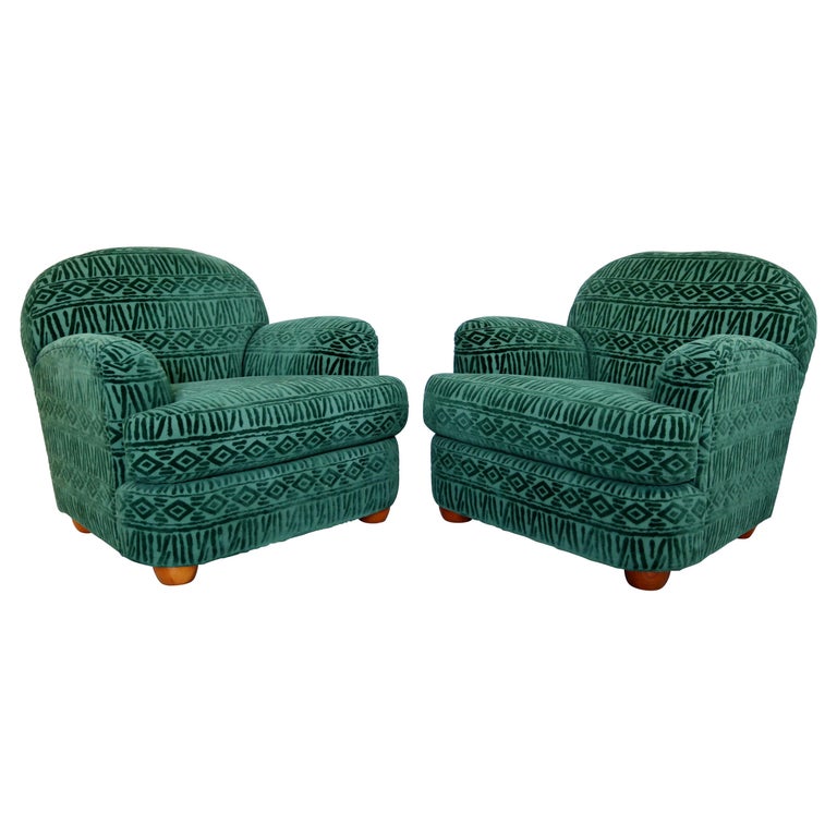 Art Deco Style Clyde Pearson Pair Velvet Larsen Style Club Lounge Chairs