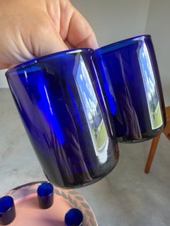 Vasos Azul Cobalto Estilo Art Decó, Juego de 7 Vasos Bajos Soplados a Mano