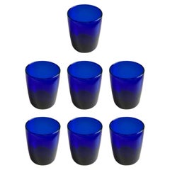 Vasos Azul Cobalto Estilo Art Decó, Juego de 7 Vasos Bajos Soplados a Mano