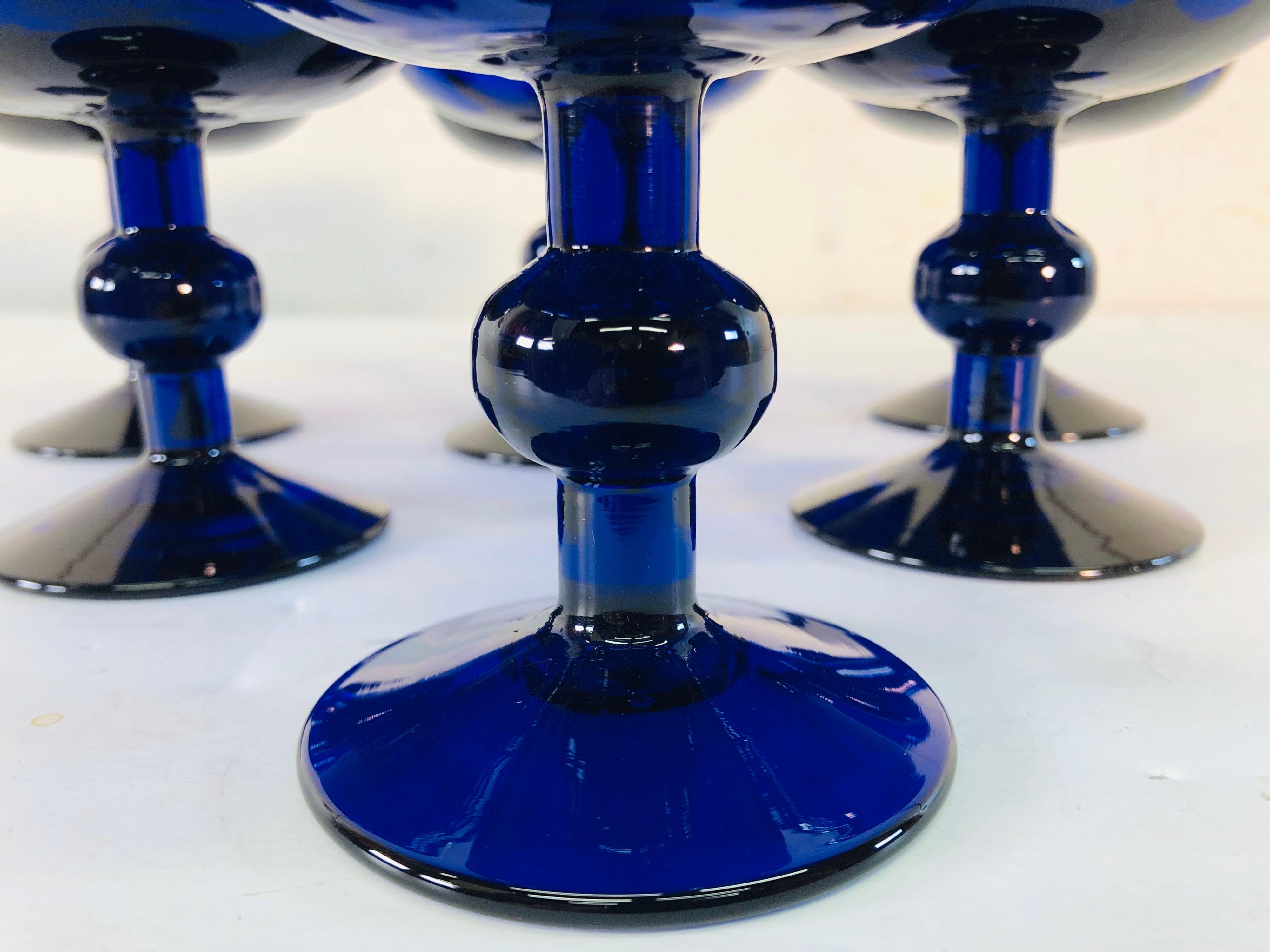 Art Deco Style Cobalt Glass Coupes, Set of 7 In Good Condition For Sale In Amherst, NH