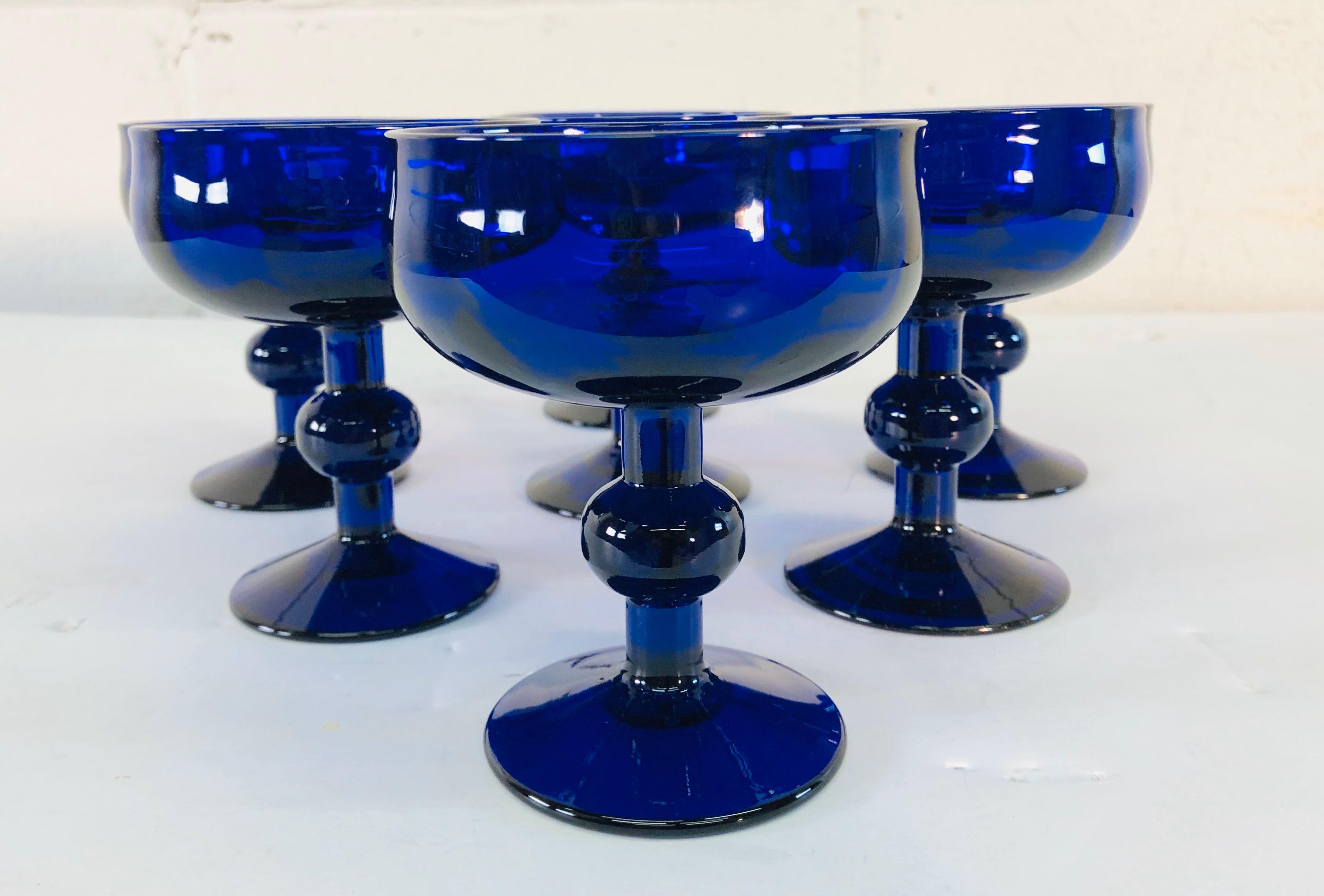 20th Century Art Deco Style Cobalt Glass Coupes, Set of 7 For Sale