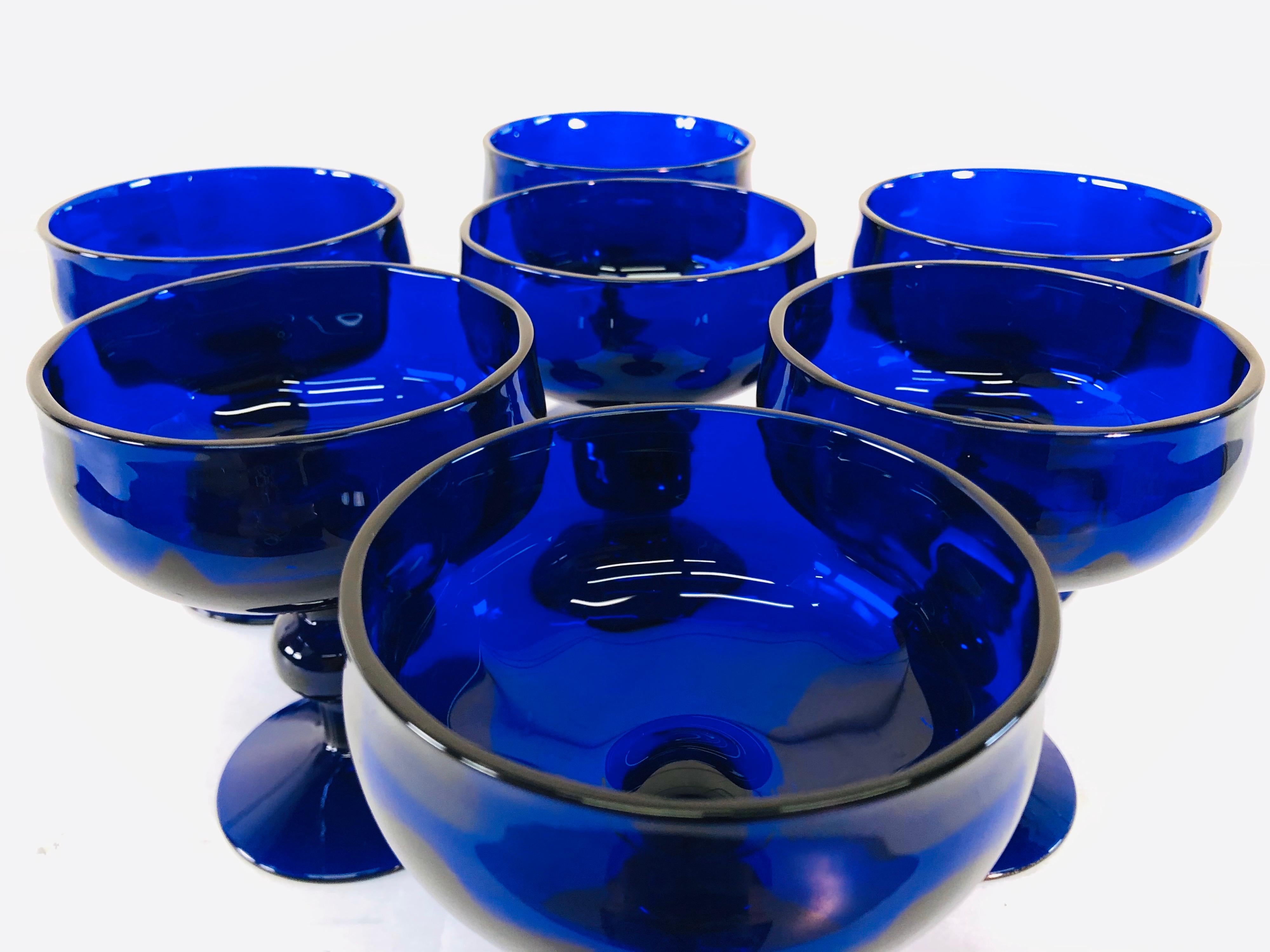 Art Deco Style Cobalt Glass Coupes, Set of 7 For Sale 2