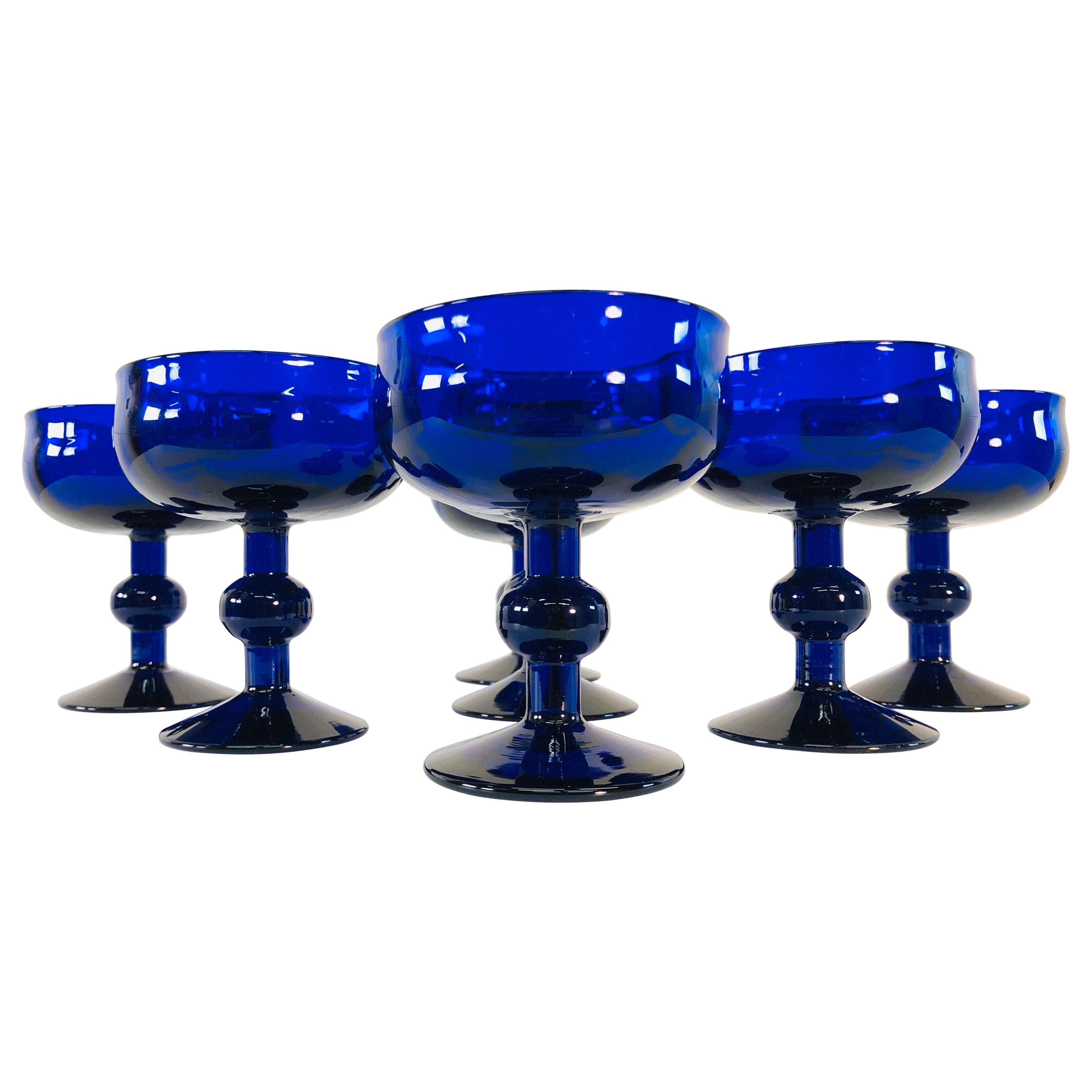 Art Deco Style Cobalt Glass Coupes, Set of 7 For Sale