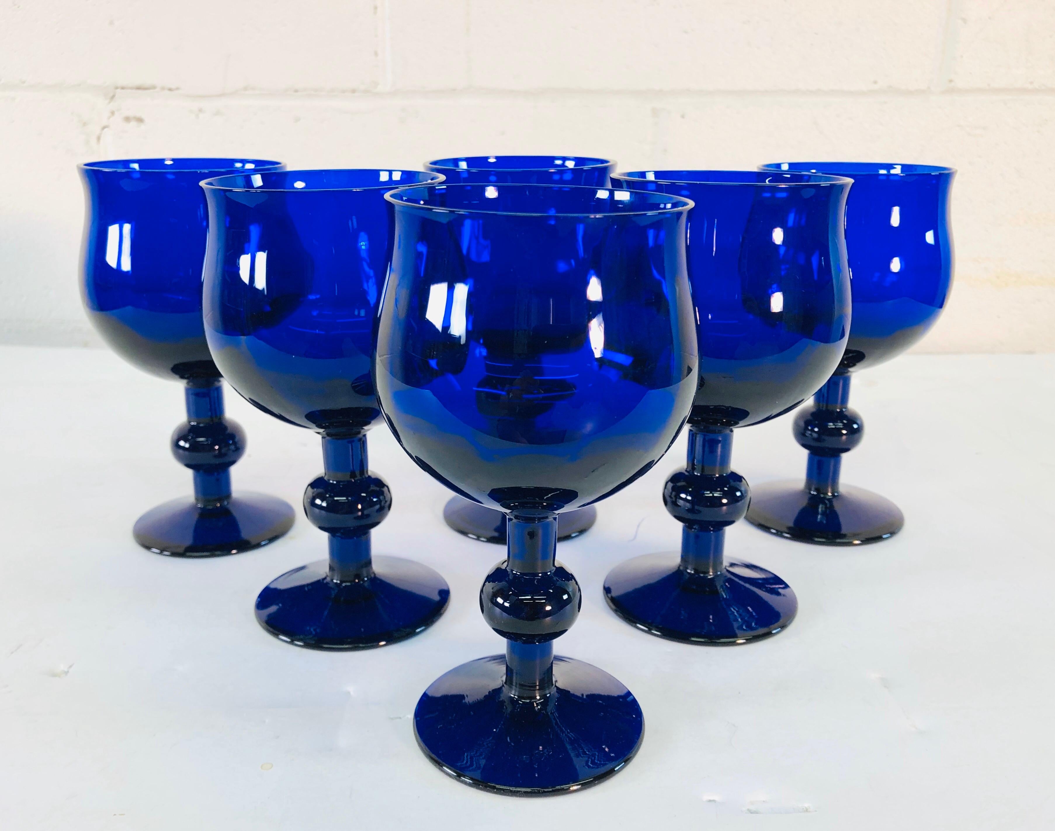 Art Deco Style Cobalt Glass Wine Stems, Set of 6 In Good Condition For Sale In Amherst, NH