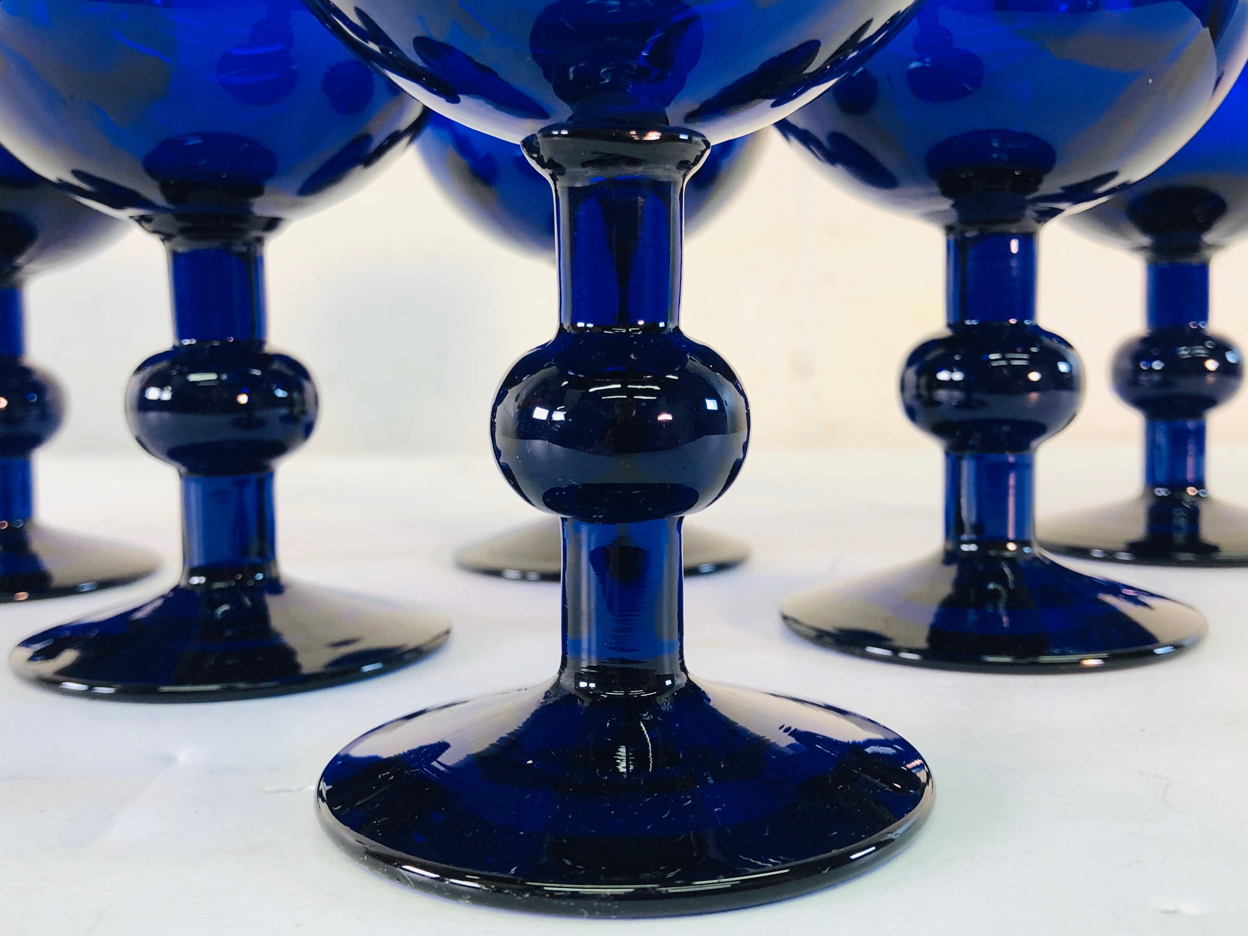 Art Deco Style Cobalt Glass Wine Stems, Set of 6 For Sale 1