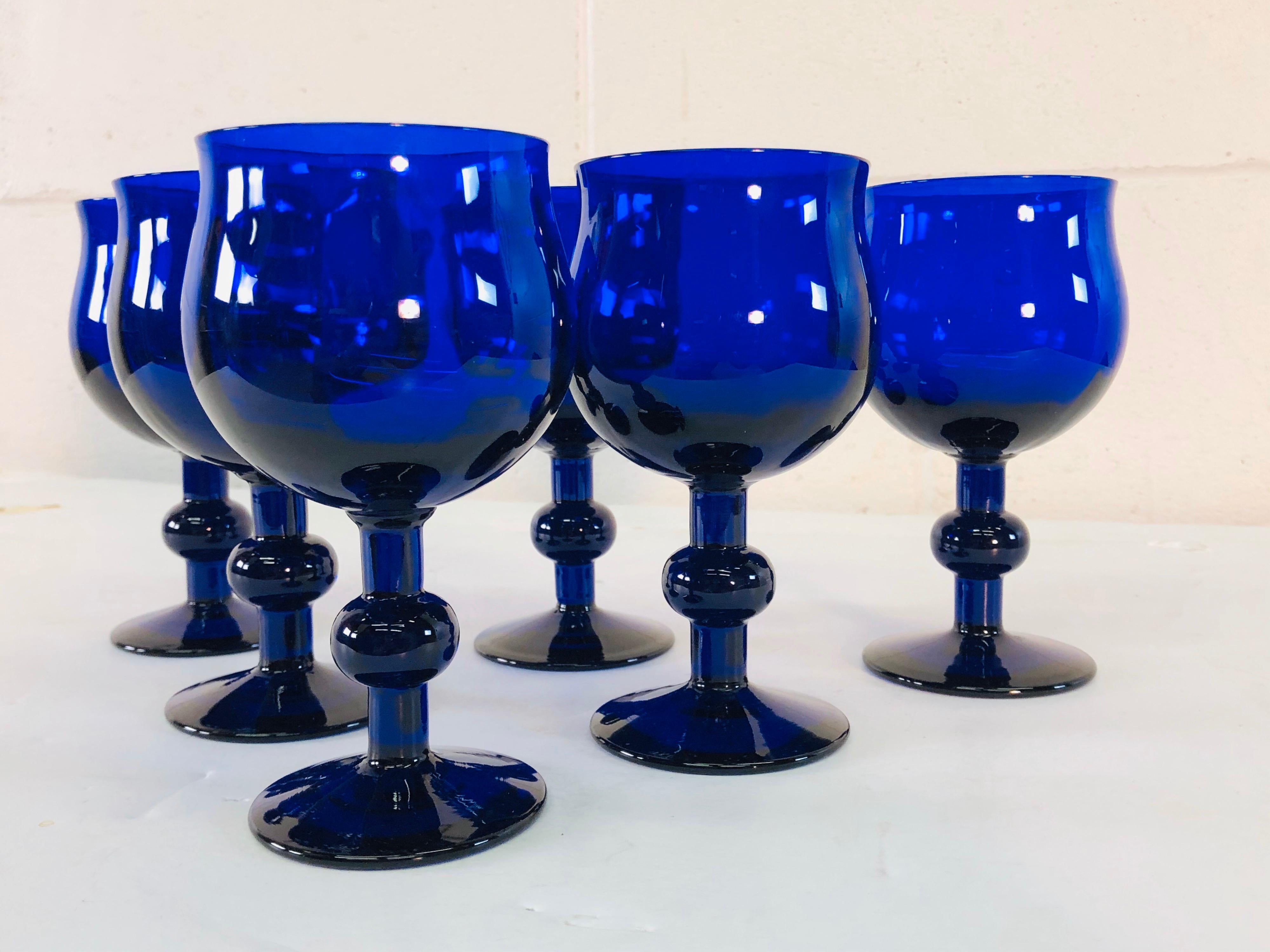 Art Deco Style Cobalt Glass Wine Stems, Set of 6 For Sale 5