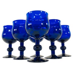 Art Deco Style Cobalt Glass Wine Stems, Set of 6