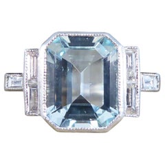 Art Deco Style Collar Set 1.70ct Emerald Cut Aquamarine and Diamond Ring in Plat