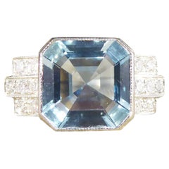 Art Deco Style Collar Set 2.80ct Asscher Cut Aquamarine and Diamond Ring in Plat