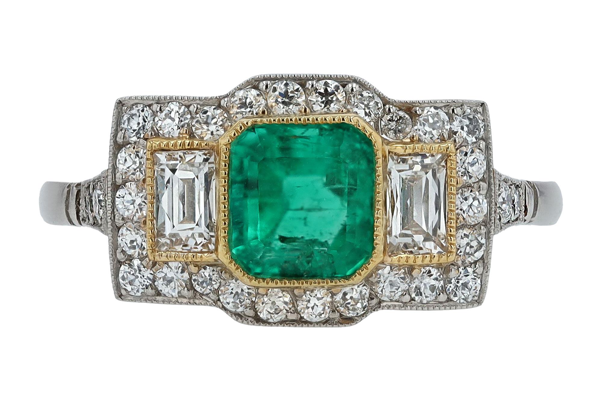 Square Cut Art Deco Style Colombian Emerald And Diamond 3 Stone Engagement Ring For Sale