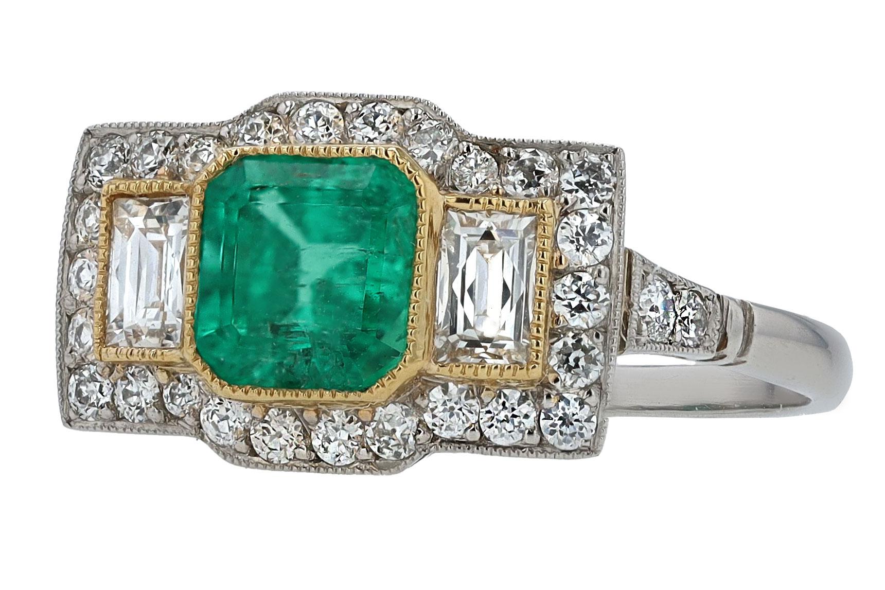 Art Deco Style Colombian Emerald And Diamond 3 Stone Engagement Ring For Sale