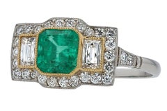 Art Deco Style Colombian Emerald And Diamond 3 Stone Engagement Ring