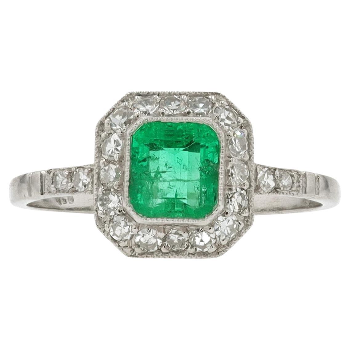 Art Deco Style Colombian Emerald & Diamond Engagement Ring