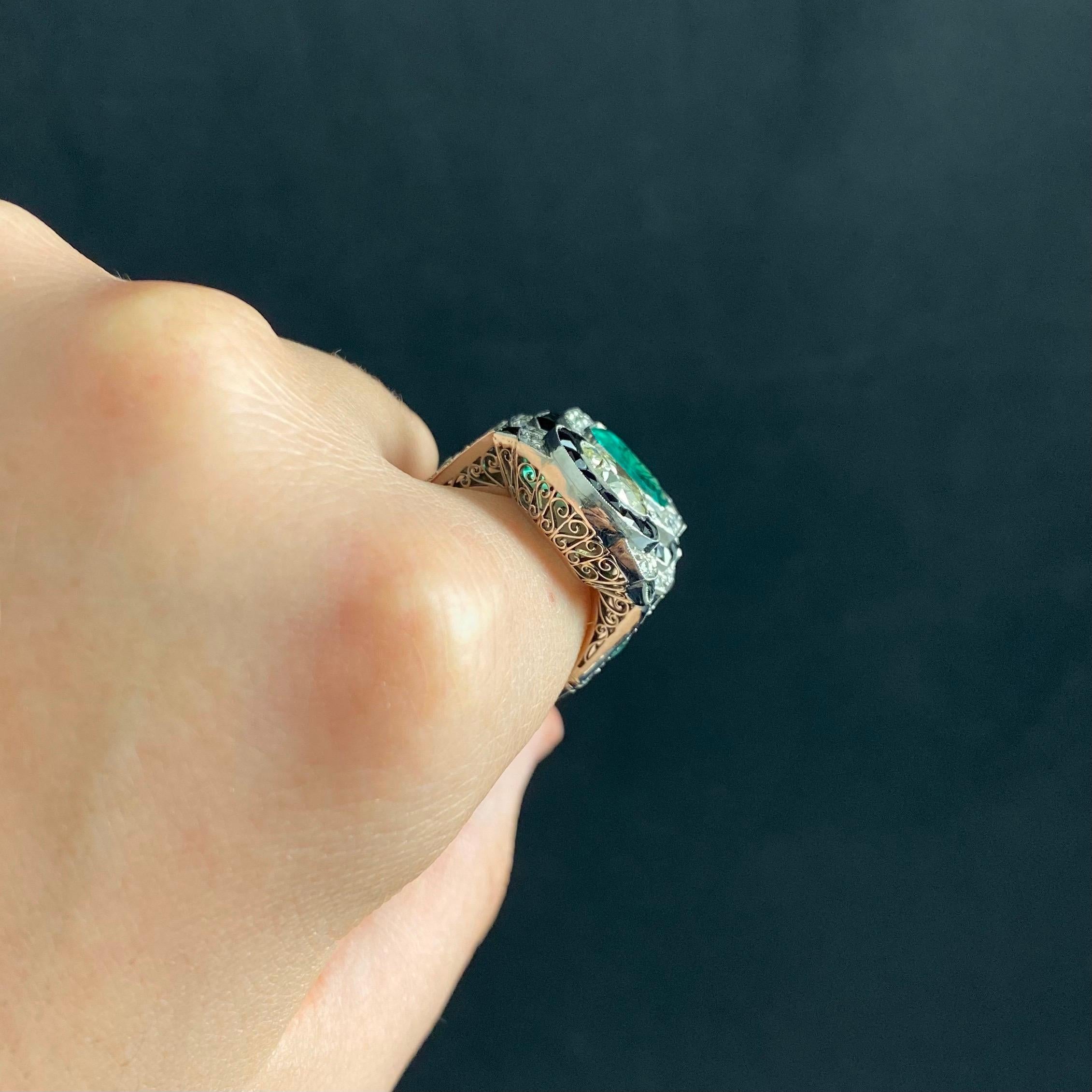 Art Deco Style Colombian Emerald Diamond Target Cocktail Ring Platinum, 1990s For Sale 3
