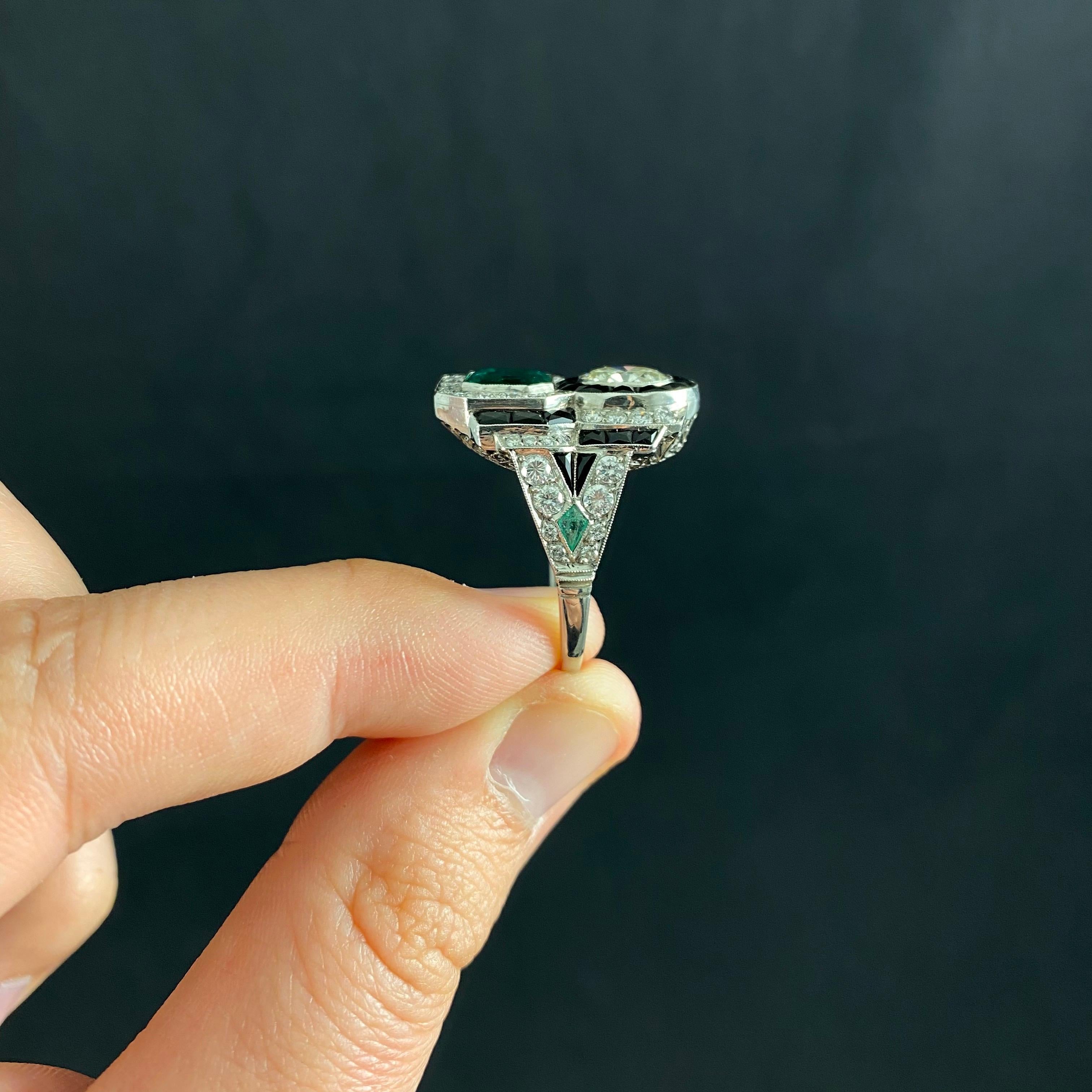 Emerald Cut Art Deco Style Colombian Emerald Diamond Target Cocktail Ring Platinum, 1990s For Sale