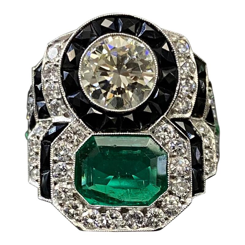 Art Deco Style Colombian Emerald Diamond Target Cocktail Ring Platinum, 1990s