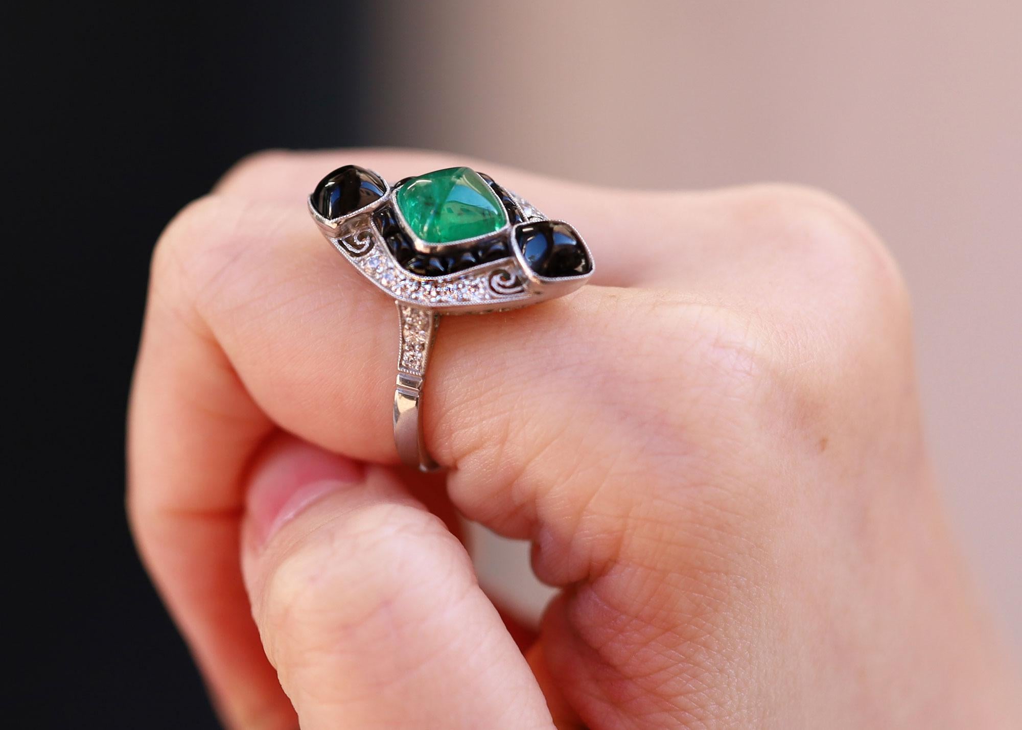 Sugarloaf Cabochon Art Deco Style Colombian Emerald Onyx & Diamond Cocktail Ring For Sale