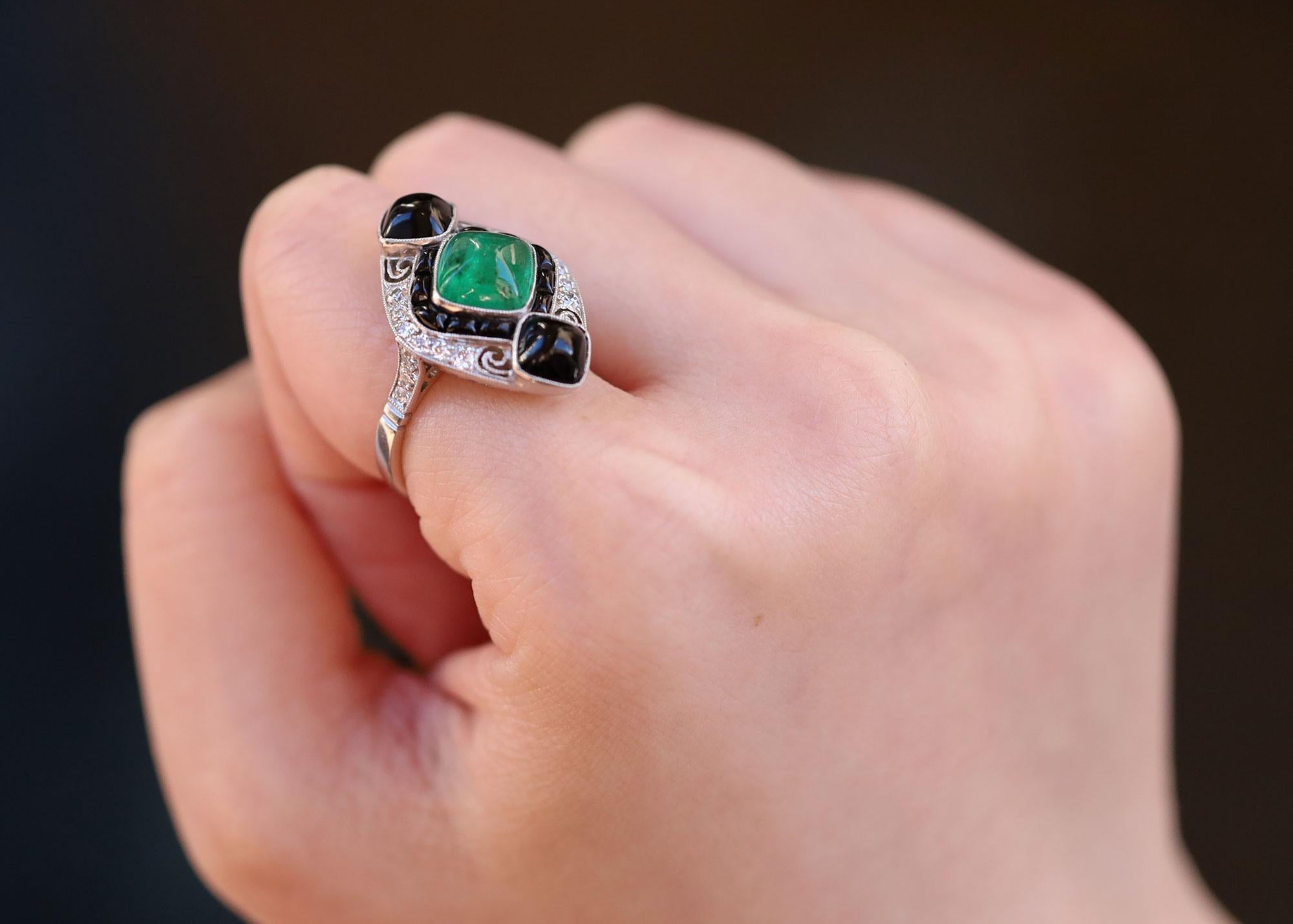 Women's or Men's Art Deco Style Colombian Emerald Onyx & Diamond Cocktail Ring For Sale
