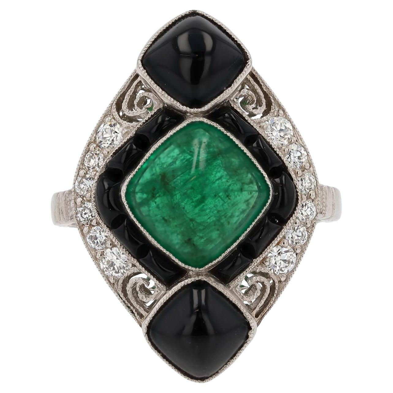 Art Deco Style Colombian Emerald Onyx & Diamond Cocktail Ring For Sale