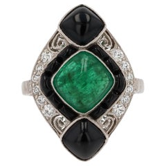 Art Deco Style Colombian Emerald Onyx & Diamond Cocktail Ring