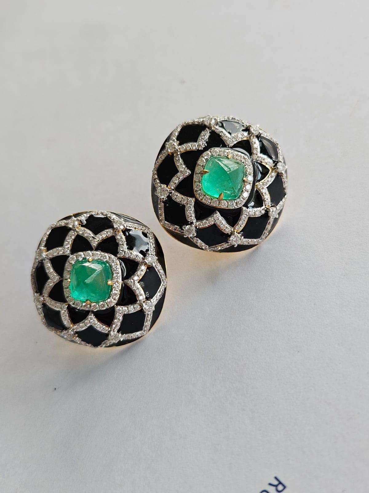 Sugarloaf Cabochon Art Deco style Colombian Emerald Sugarloaf, Black Enamel & Diamond Stud Earrings For Sale