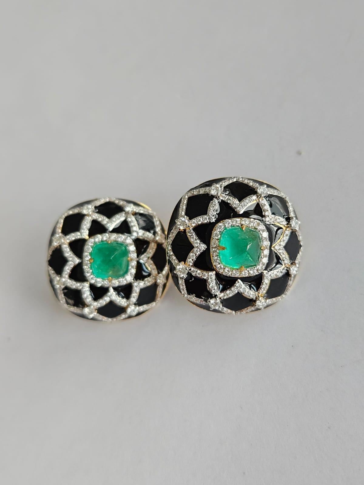 Art Deco style Colombian Emerald Sugarloaf, Black Enamel & Diamond Stud Earrings For Sale 1