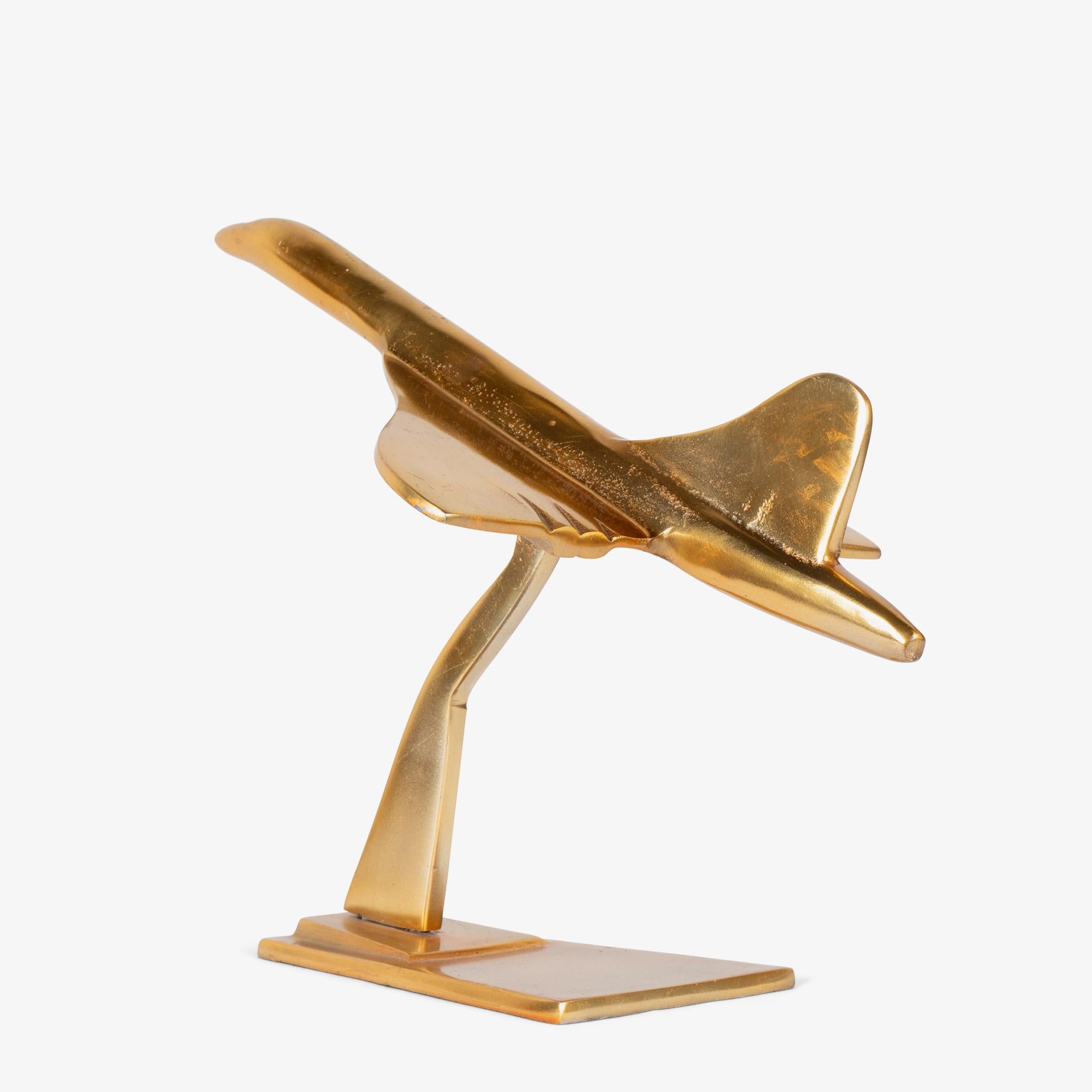 Late 20th Century Art-Deco Style Concorde Supersonic Airplane Sculpture in Polished Brass For Sale