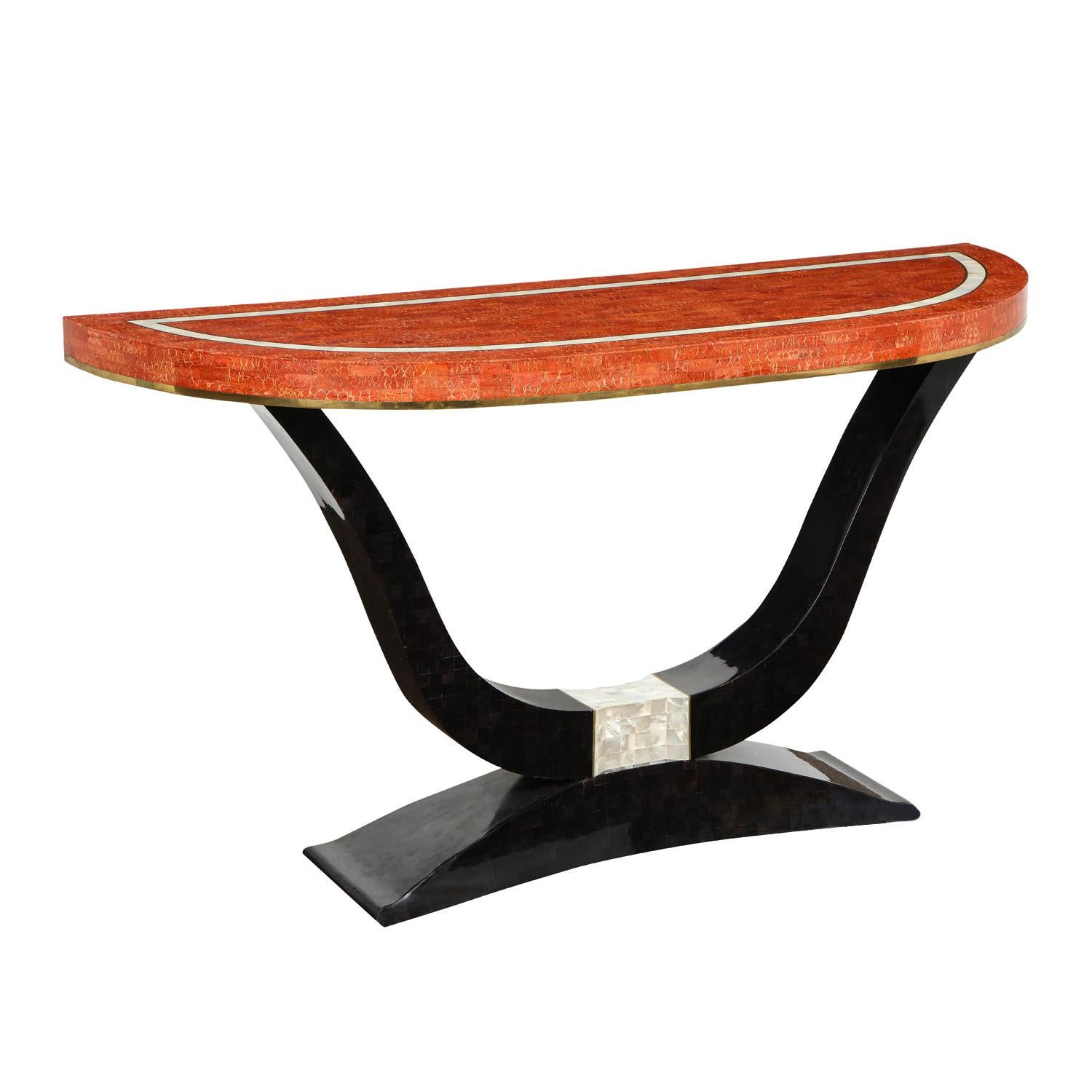 Exquisite Art Deco style console table, base in tesselated pen shell with mother of pearl and brass inlays, top in tesselated red coral with mother of pearl and brass inlays, made in the Phillipines, 1970's (sticker on the bottom reads “Made in the