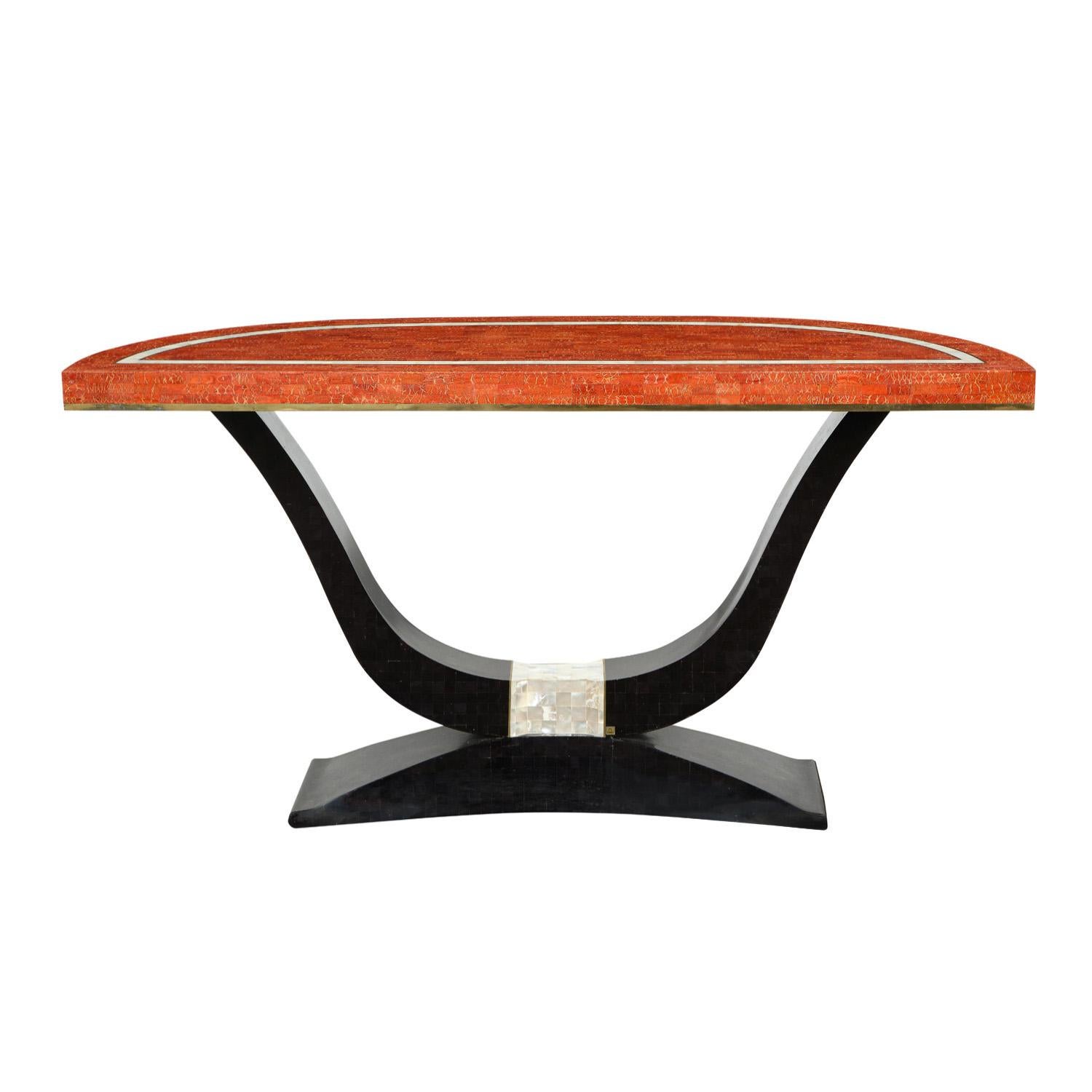 Brass Art Deco Style Console in Pen Shell, Mother of Pearl, and Red Coral, 1970s For Sale