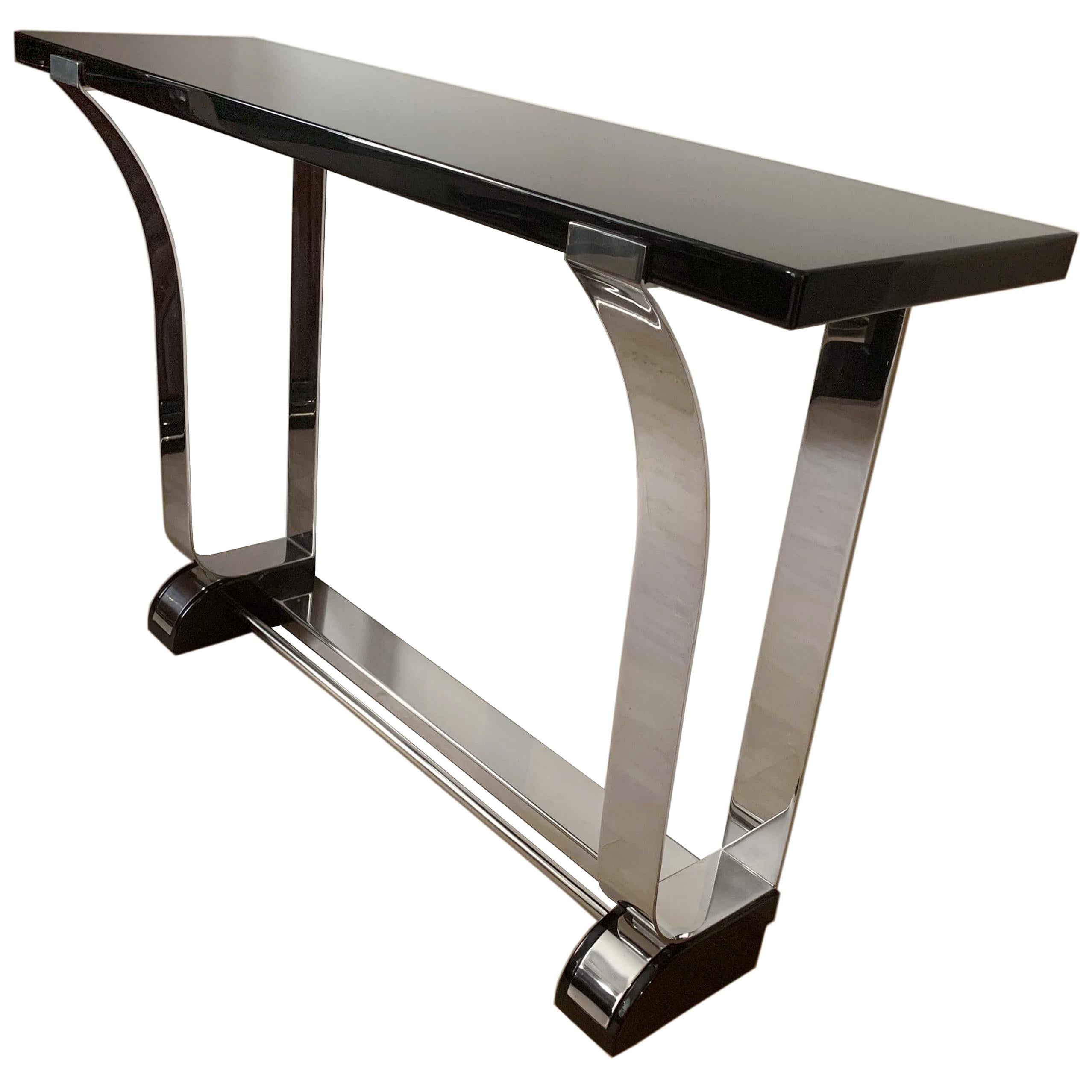 Table console de style Art Déco en acier inoxydable et plateau laqué noir