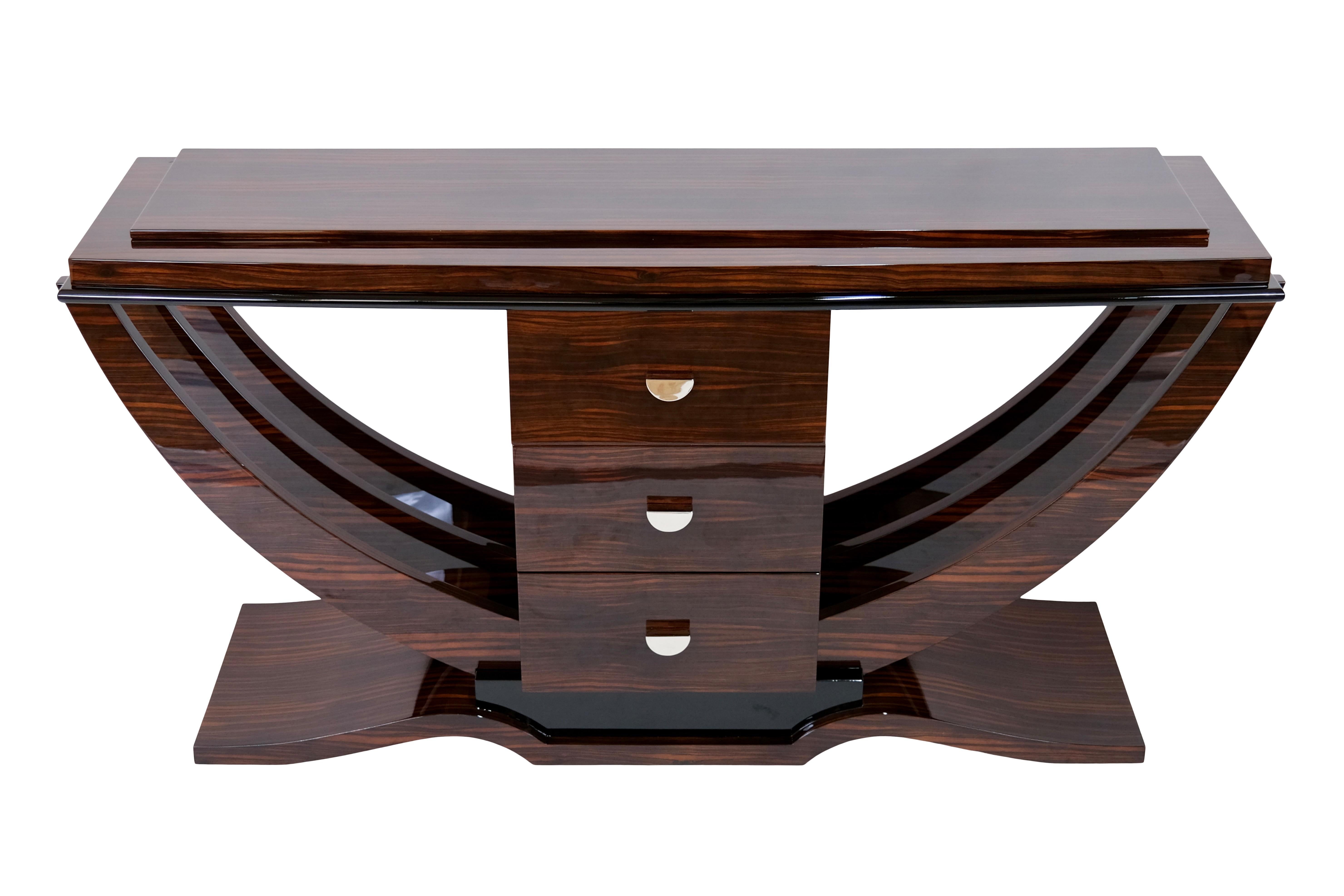 Console table 
Wood with Macassar Veneer 
high gloss lacquer finish

Contemporary furniture in the Art Déco style 

Other woods or finishes on request possible. 
We bild the furniture also in your desired dimensions in ca. 12 weeks. 

Measures:
