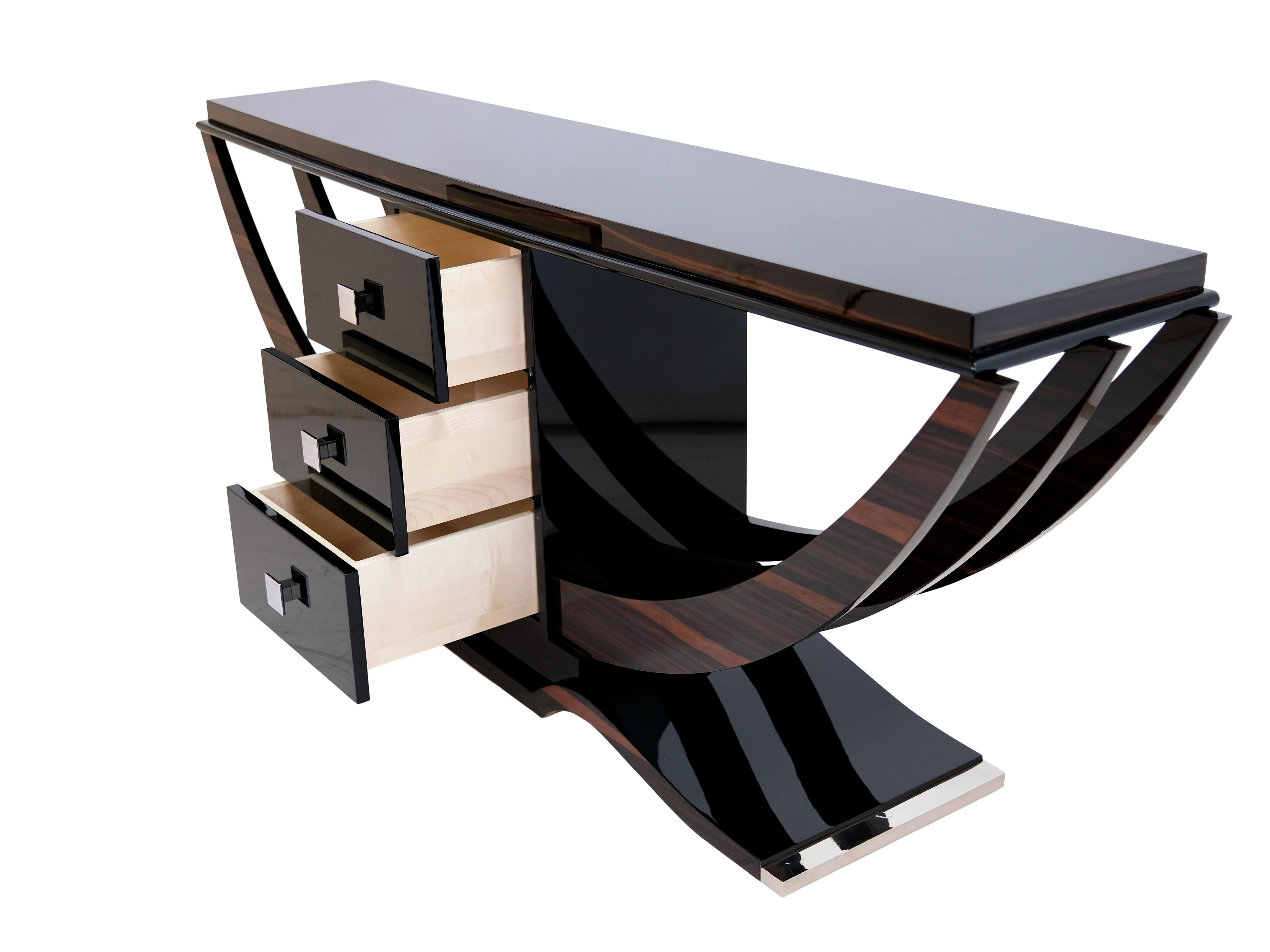 Lacquered Art Deco Style Console Table in Macassar Veneer and Black High Gloss Lacquer