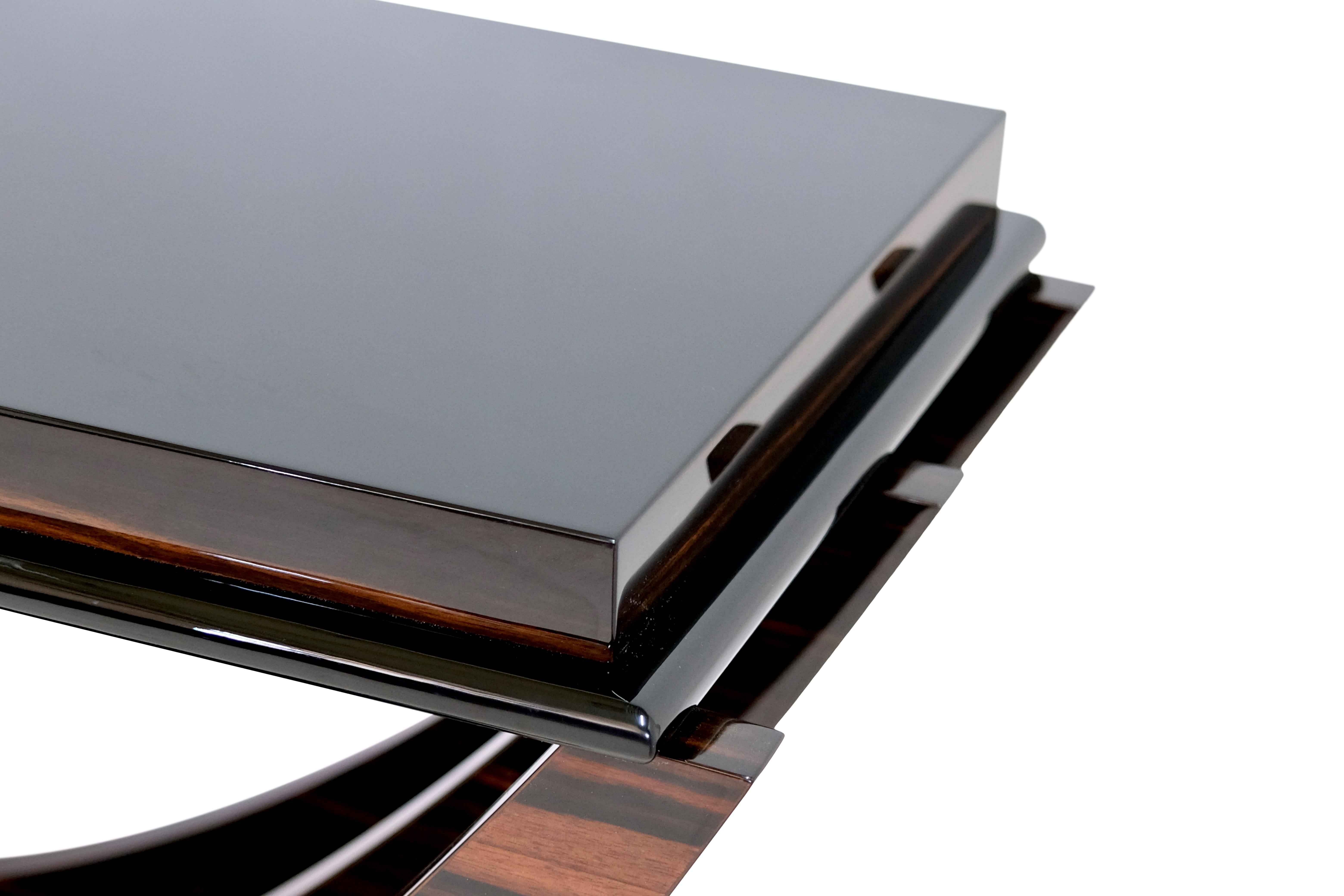 Wood Art Deco Style Console Table in Macassar Veneer and Black High Gloss Lacquer