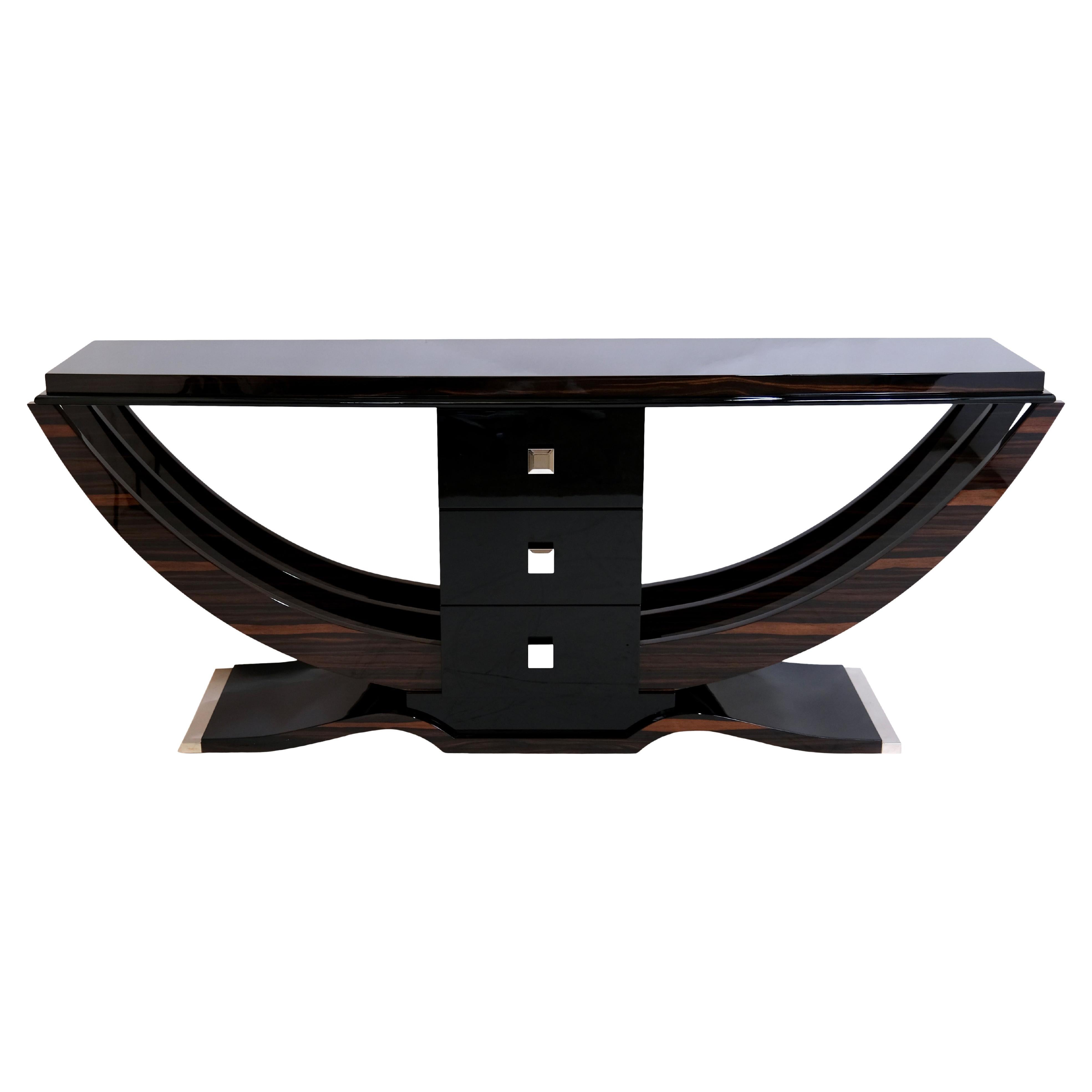 Art Deco Style Console Table in Macassar Veneer and Black High Gloss Lacquer