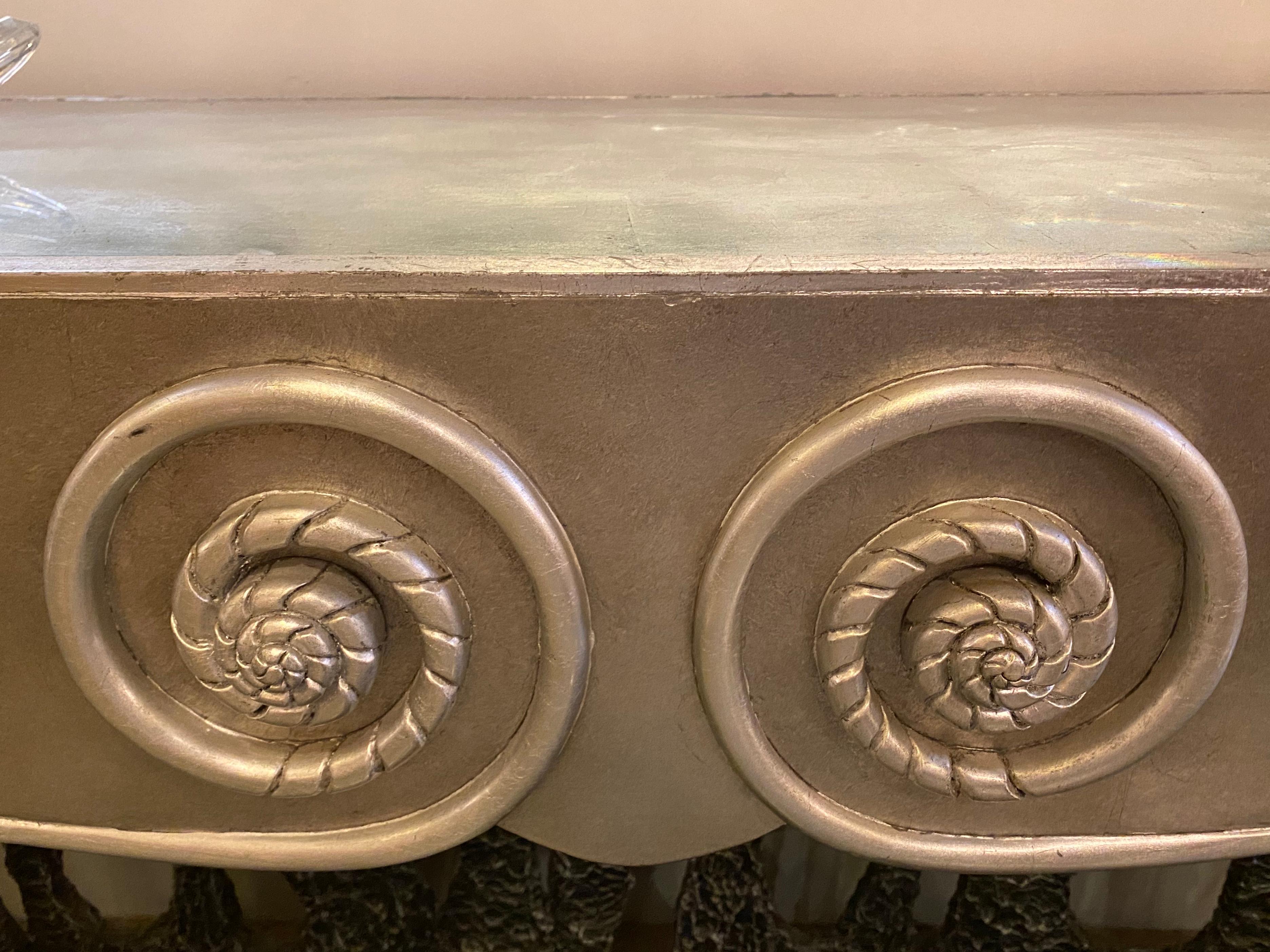 Sally Sirkin Lewis, Art Deco, Console Table, Silver Leaf, Glass Top, 1970s For Sale 4